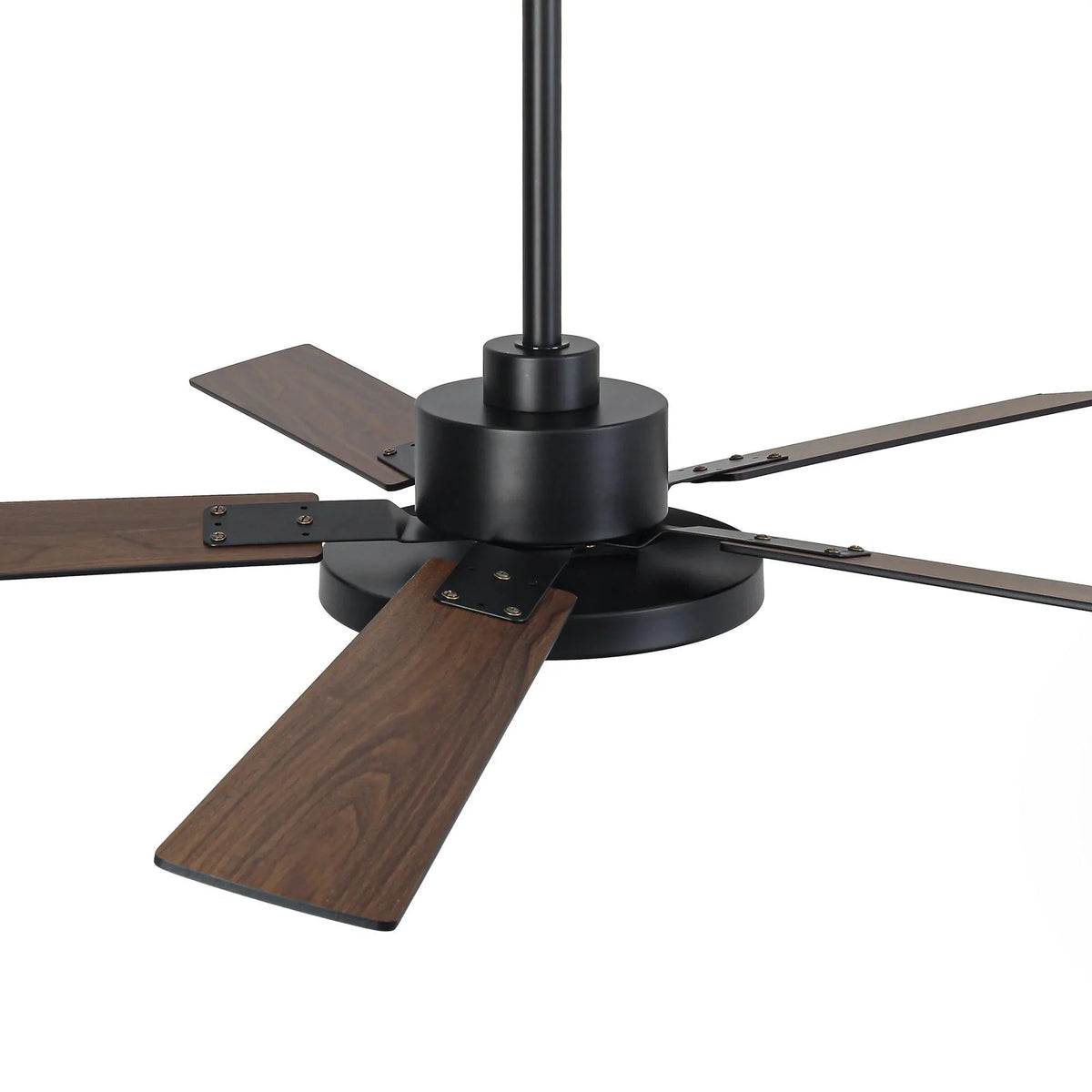 Matte black ceiling fan with reversible wood-grain and black 5 blades
