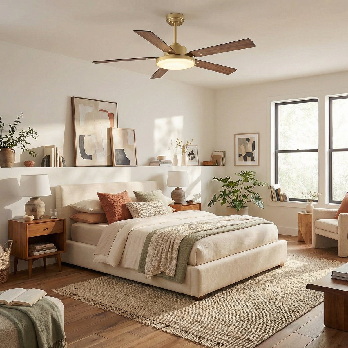 Gold ceiling fan with five double-sided blades and integrated LED light