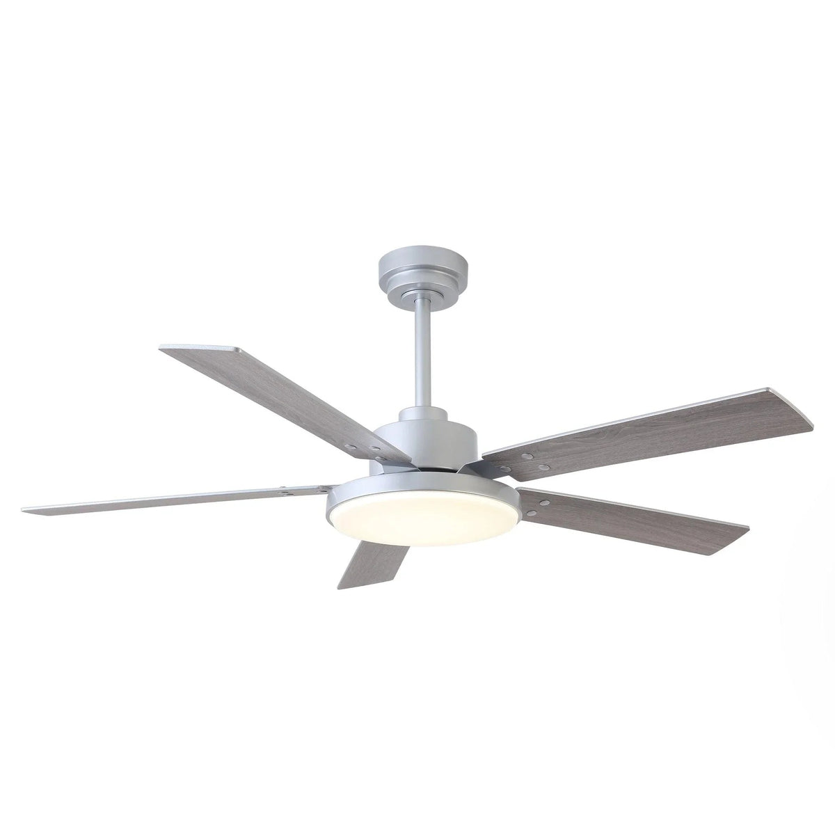 Modern ceiling fan with LED light and four gray blades, white motor housing
