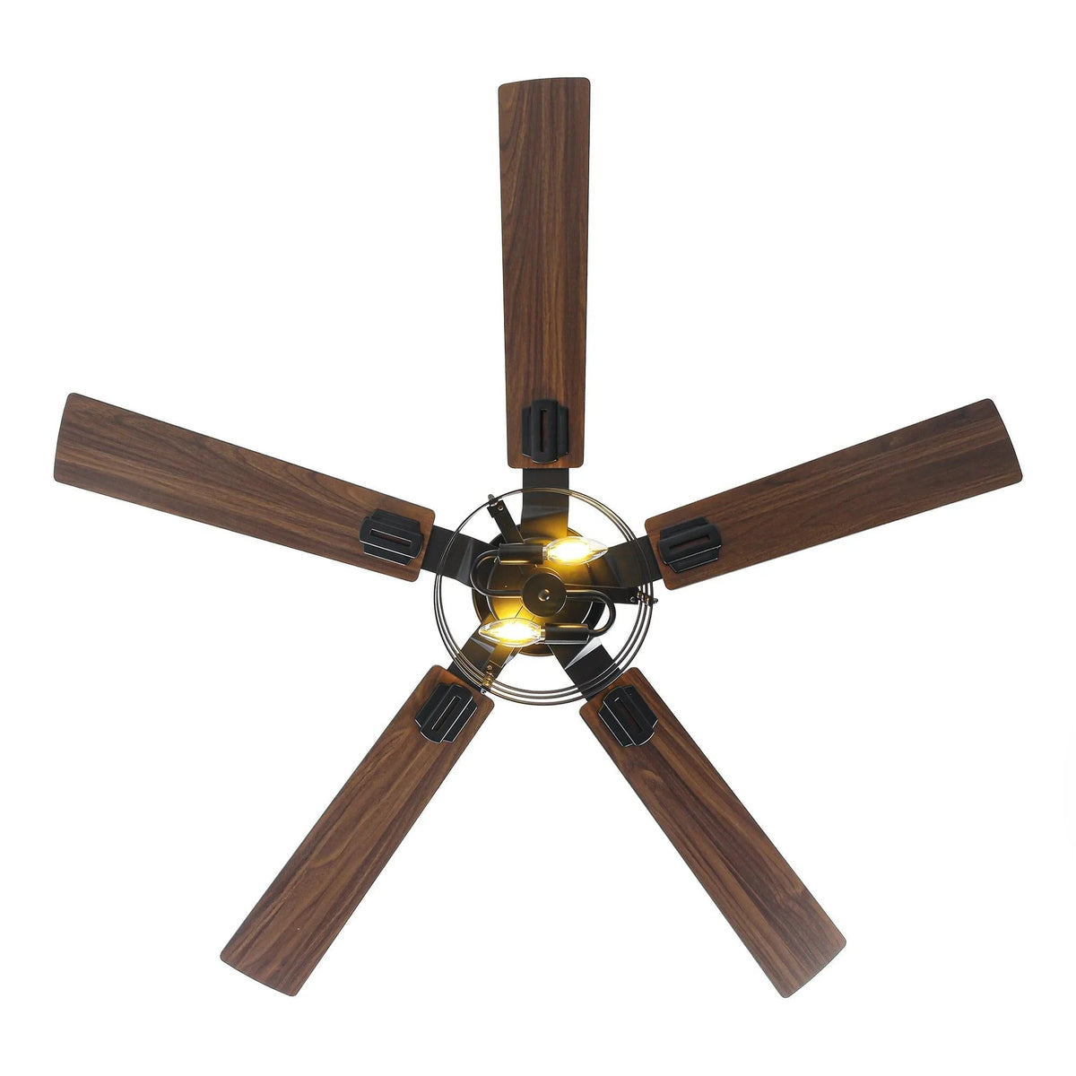 Wood-finish ceiling fan with 5 blades, central light kit, and downrod
