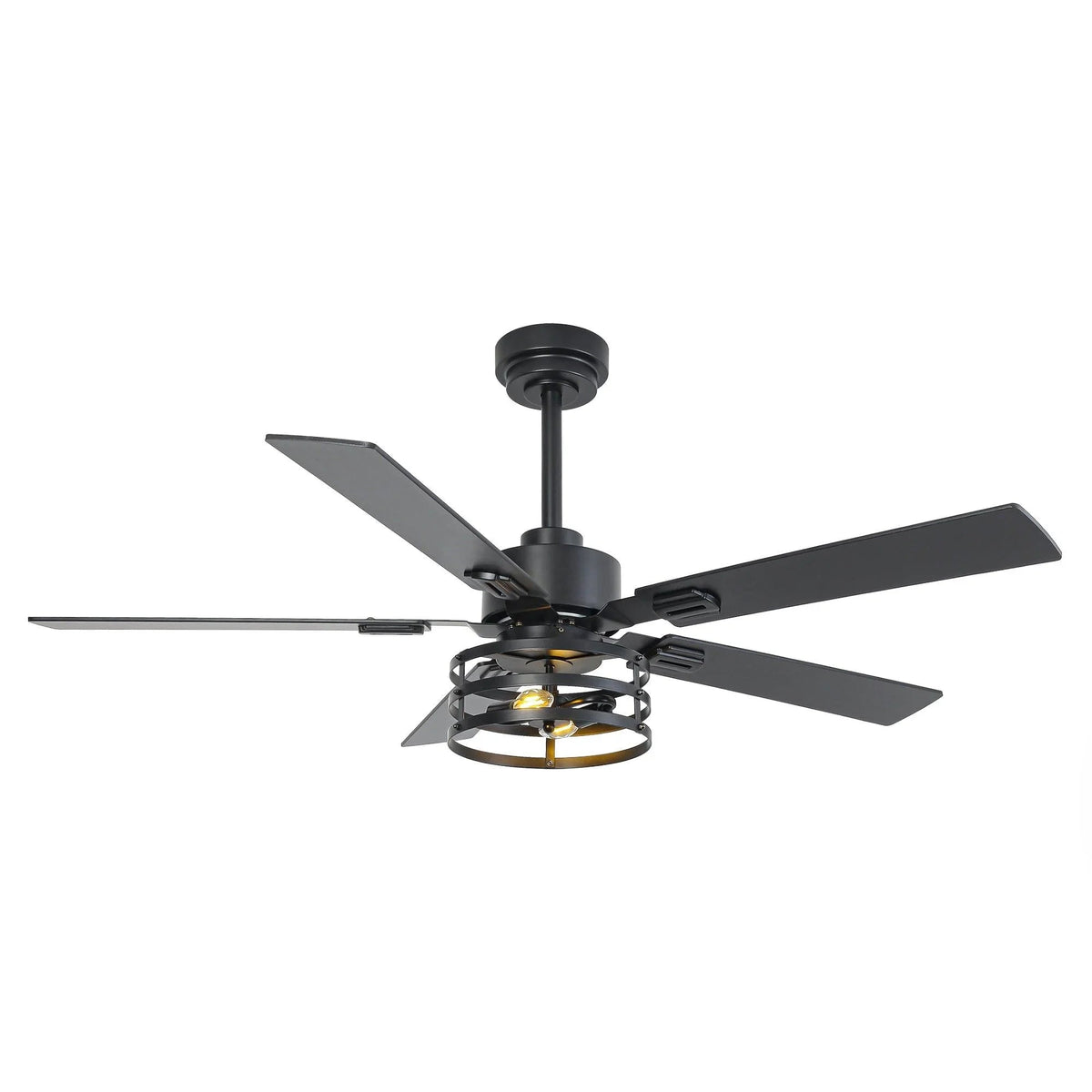 Black ceiling fan with 5 blades and central light fixture