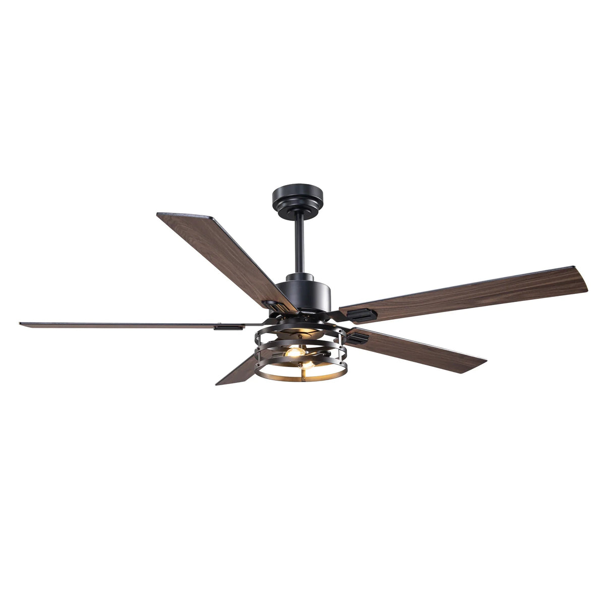 Ceiling fan with 5 blades in dark wood-grain and black, and round light fixture