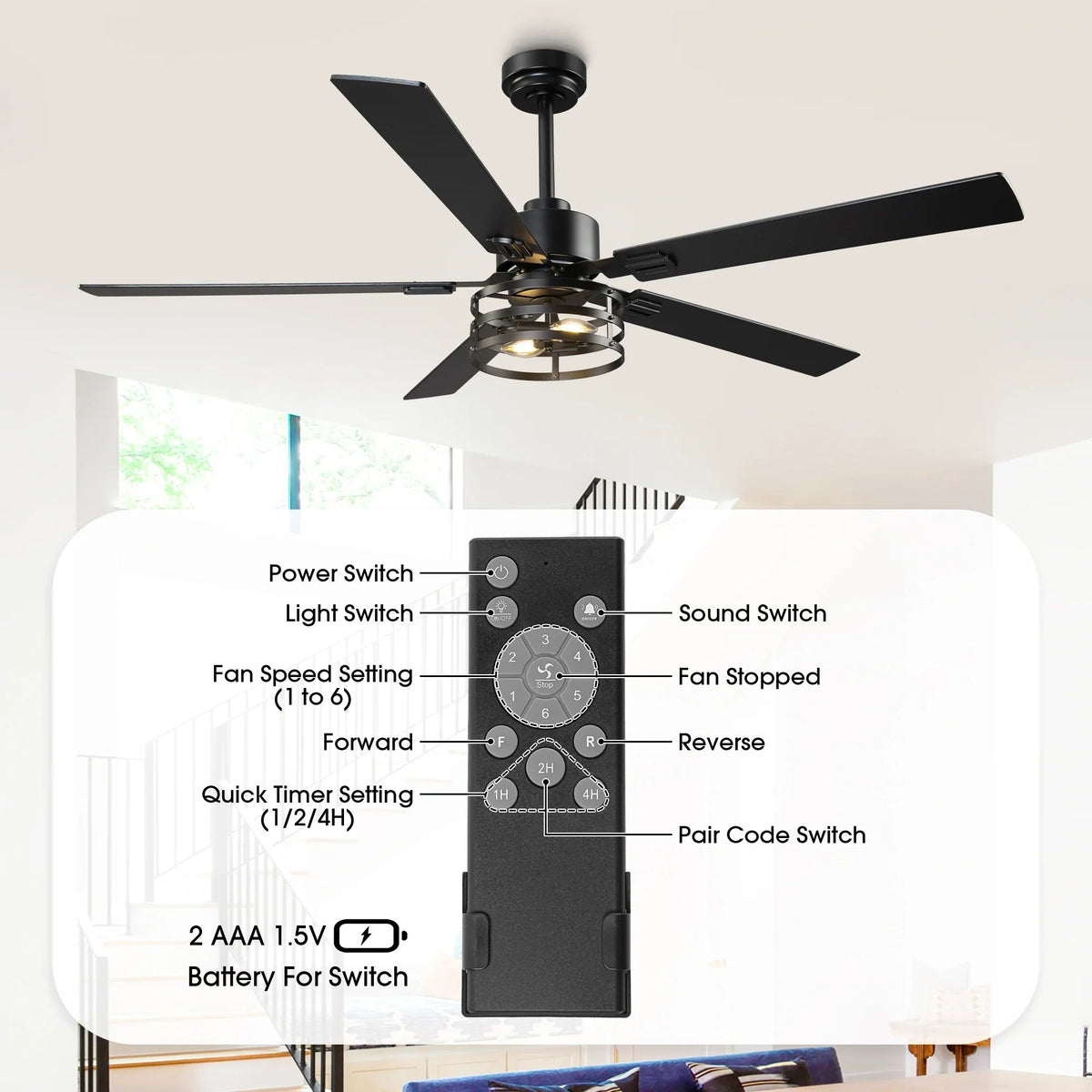 Ceiling fan with remote control diagram showing switch functions and 2 AAA battery