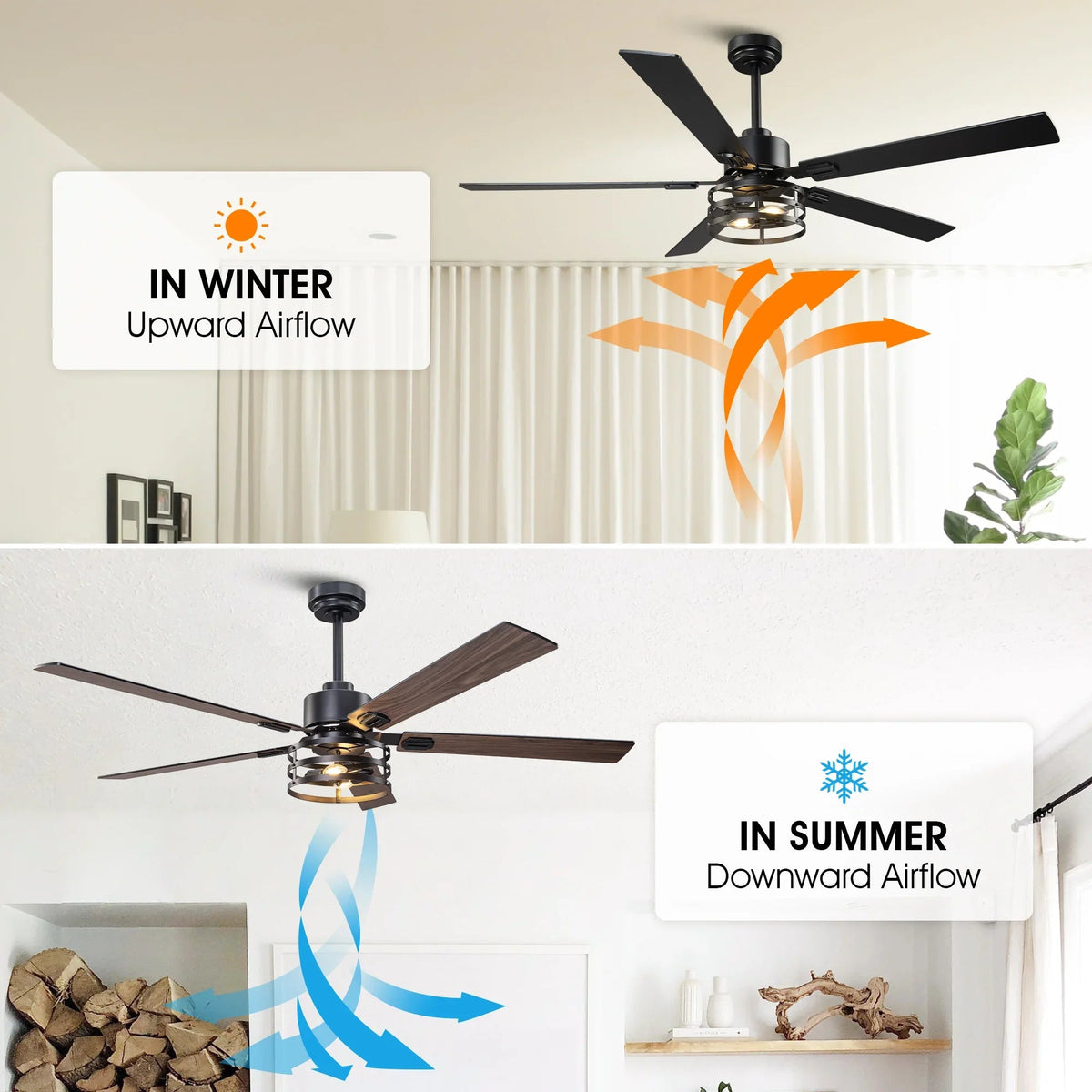 Industrial ceiling fan with dark blades and warm light fixture in an indoor room