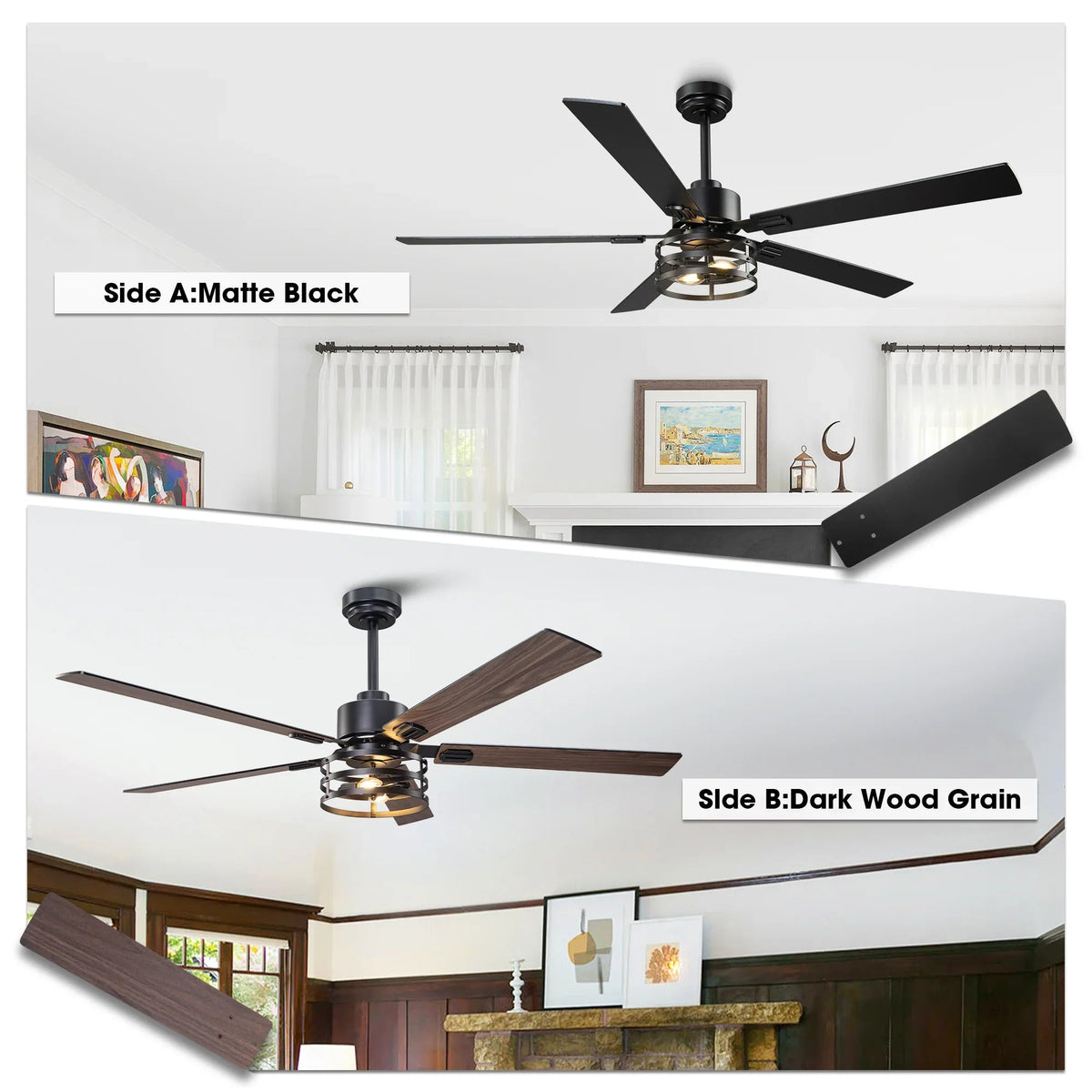 Ceiling fan finish options: matte black and dark wood-grain blade sets