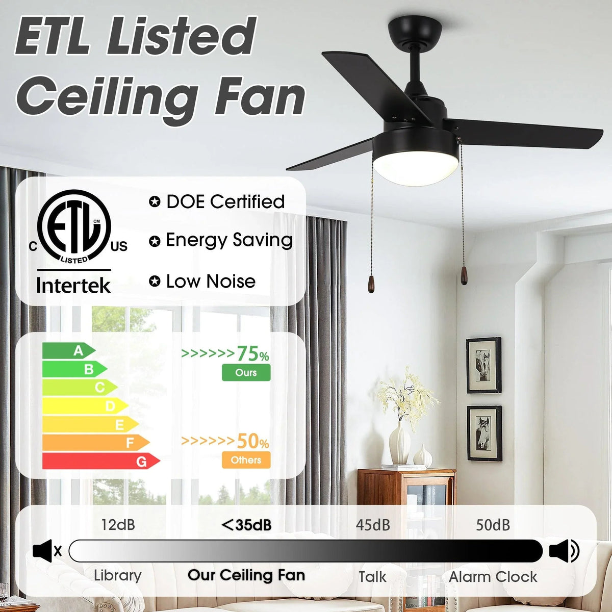 Ceiling fan ETL listed energy label with certification and noise level chart