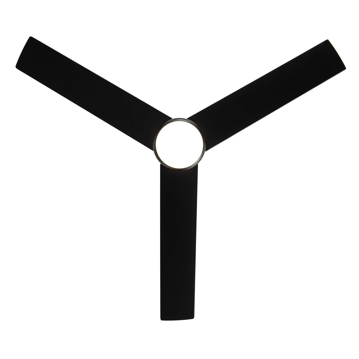 Black ceiling fan with central light fixture and three blades