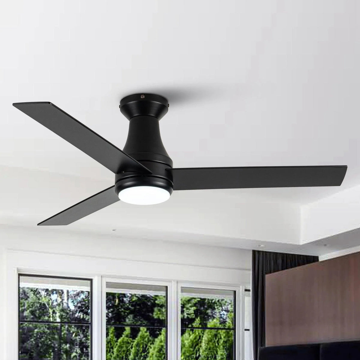 Black 3-blade flush mount ceiling fan with downlight