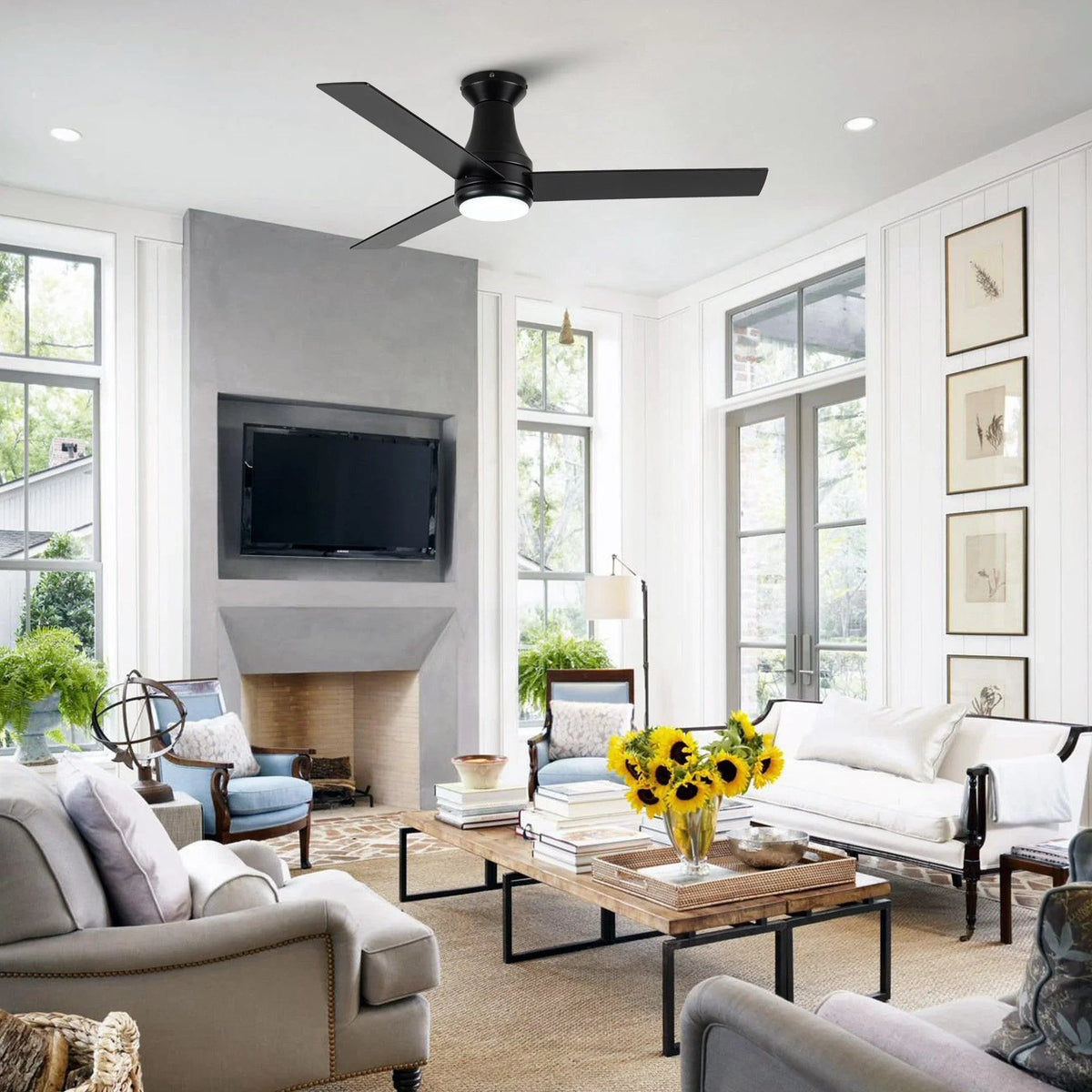 Black flush mount ceiling fan with 3 blades and integrated light