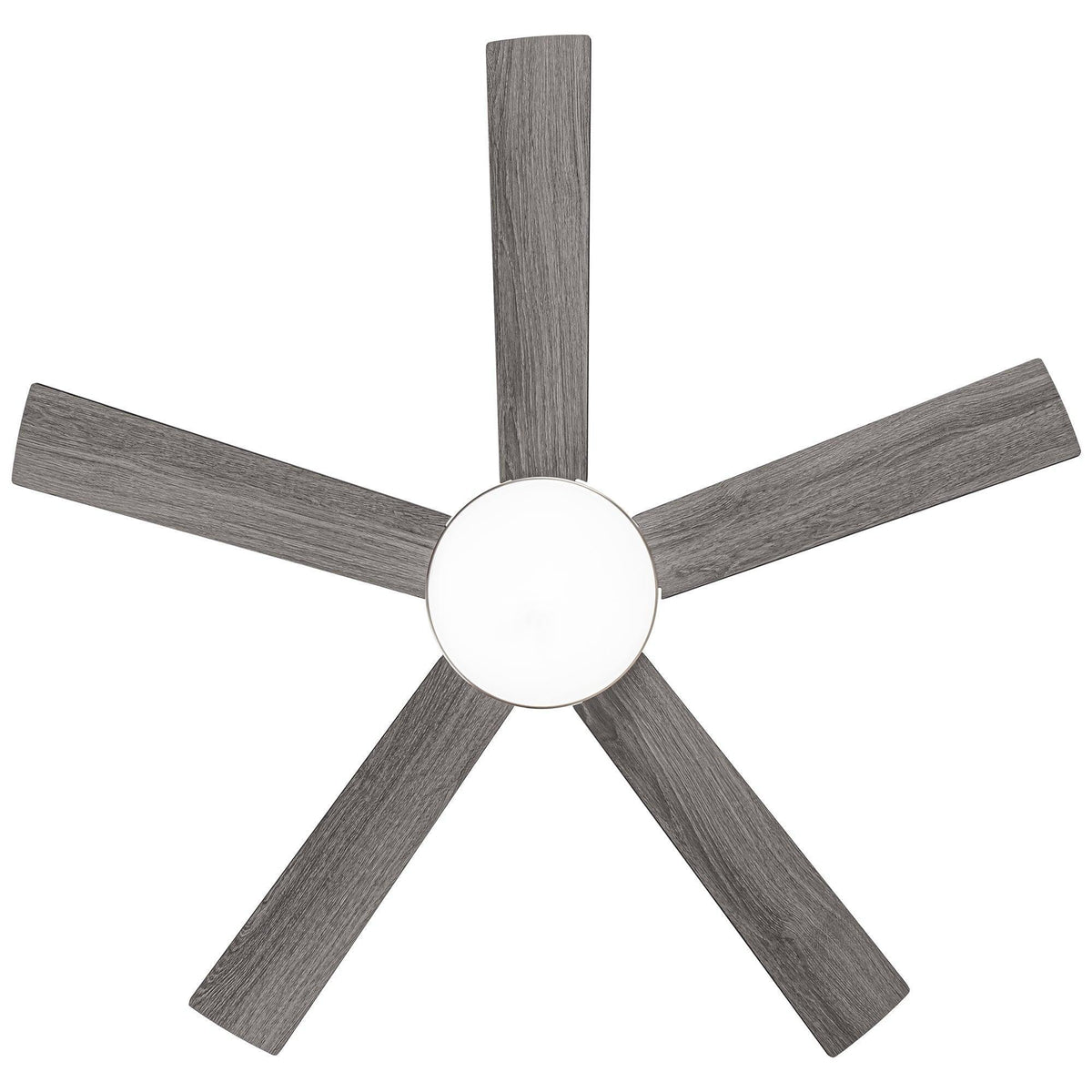 Ceiling fan with five dark gray blades and a white LED light globe