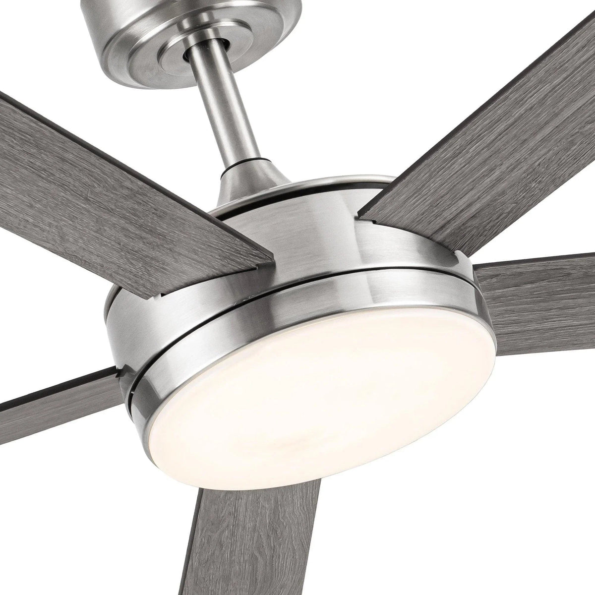 Industrial DC motor ceiling fan with five gray blades and LED light globe