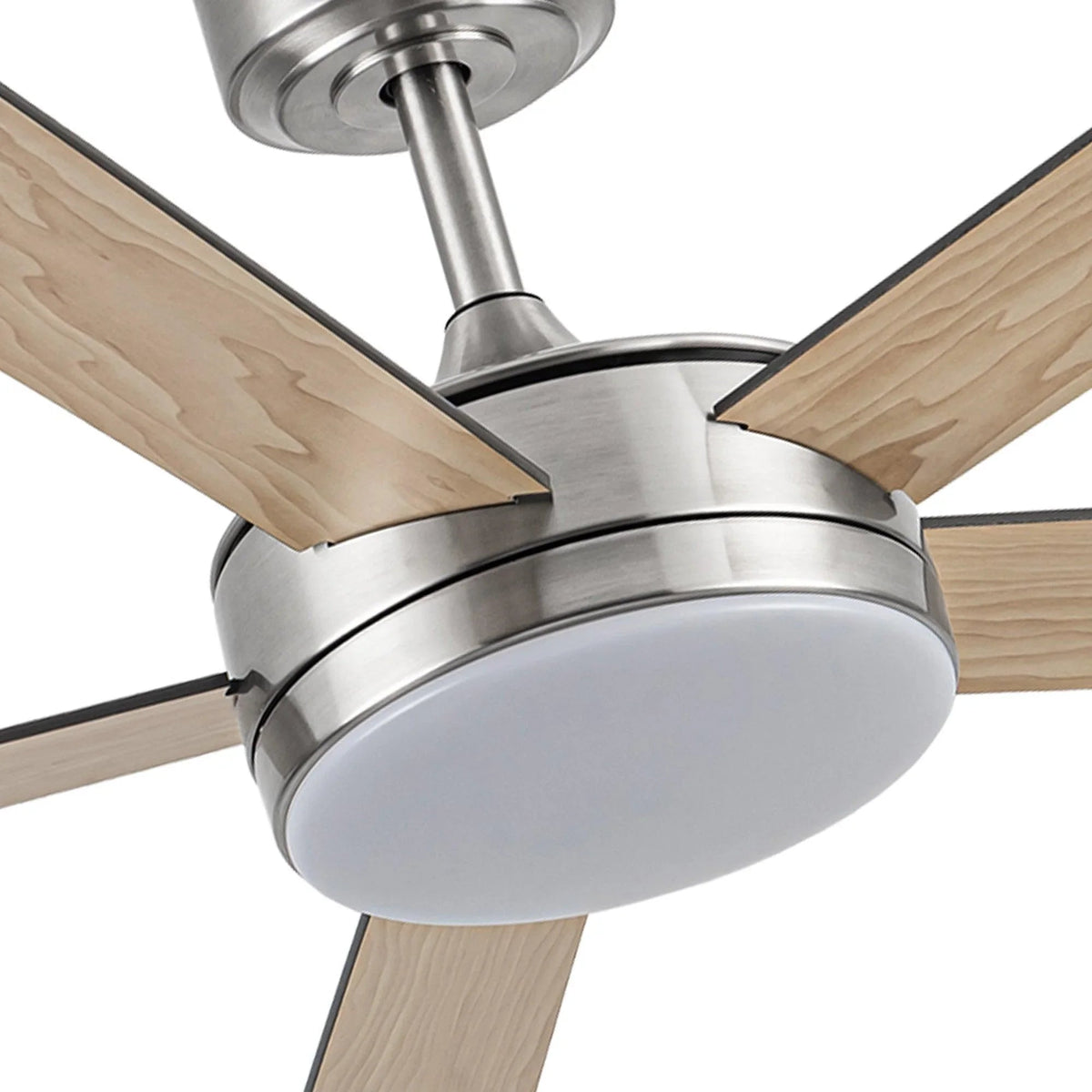Ceiling fan with light wood blades and frosted LED light panel