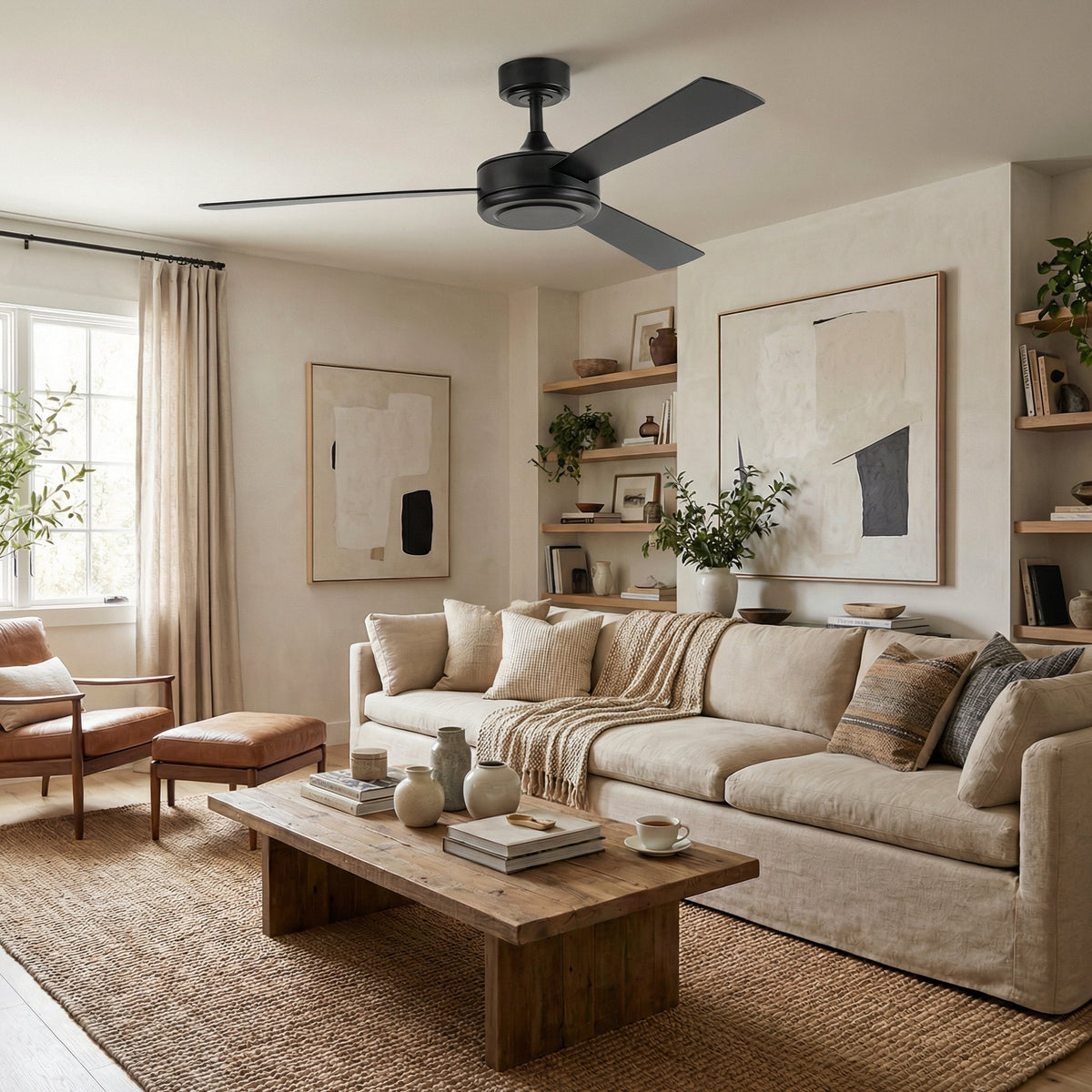 Black 52-inch 3-blade ceiling fan with three dark blades and round motor housing.