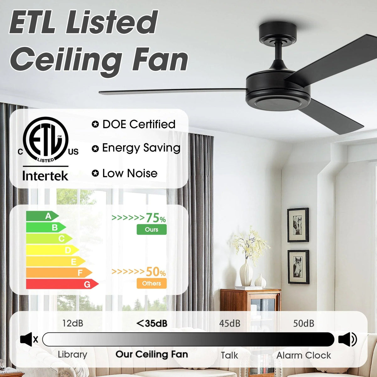 Black 52-inch 3-blade ceiling fan with remote control, modern low-profile motor housing