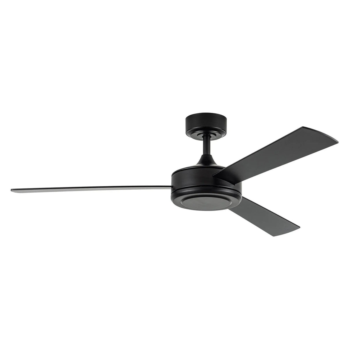 Black 52-inch 3-blade ceiling fan on white background, showing hub and three blades.