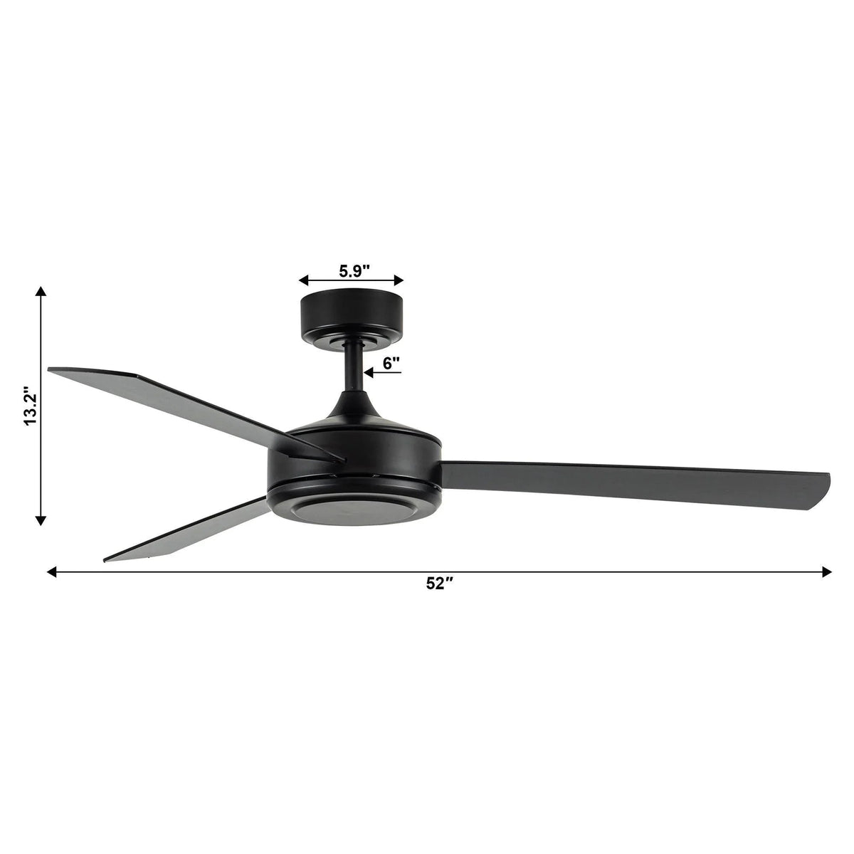 Ceiling fan dimensions: 52 in span, 13.12 in height, 6 in downrod, 5.9 in mount.