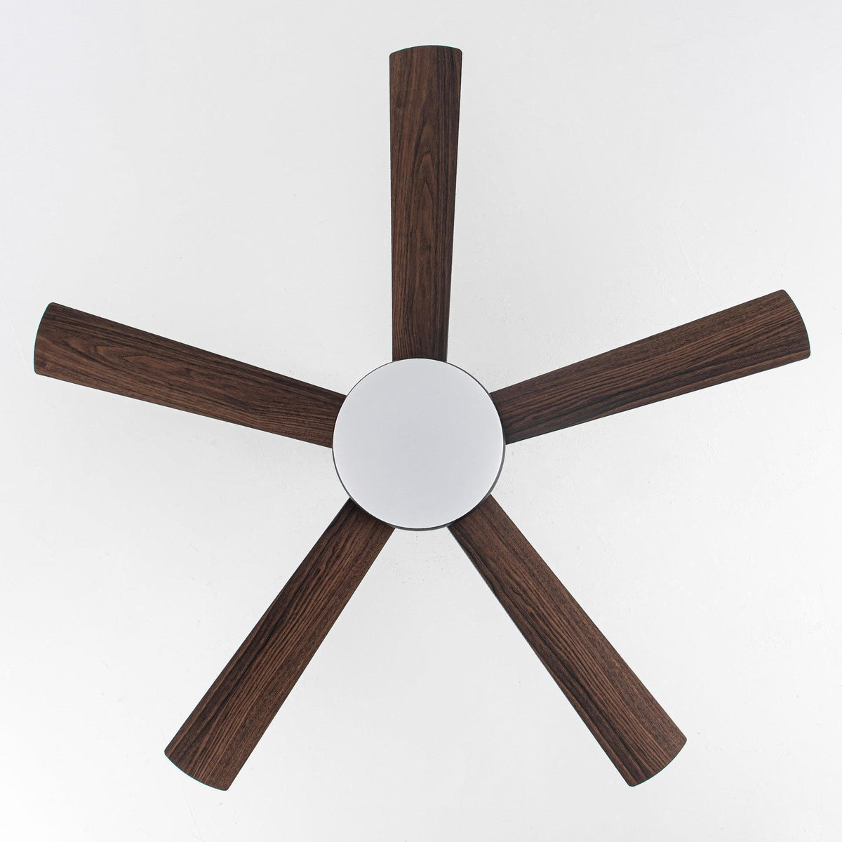 Black and walnut-style 52-inch ceiling fan with LED light cover and five blades