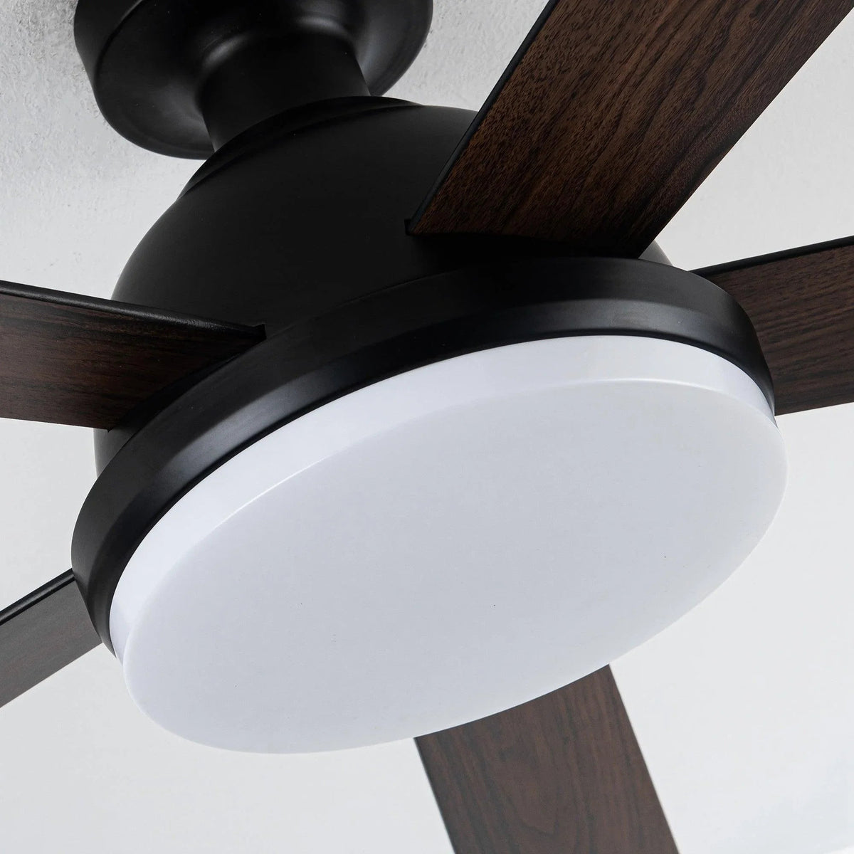 Black ceiling fan LED light globe with dark blades and flush housing