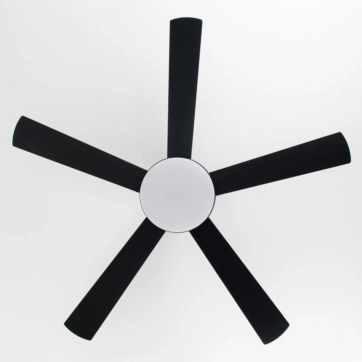 Black ceiling fan with five blades and circular LED light cover