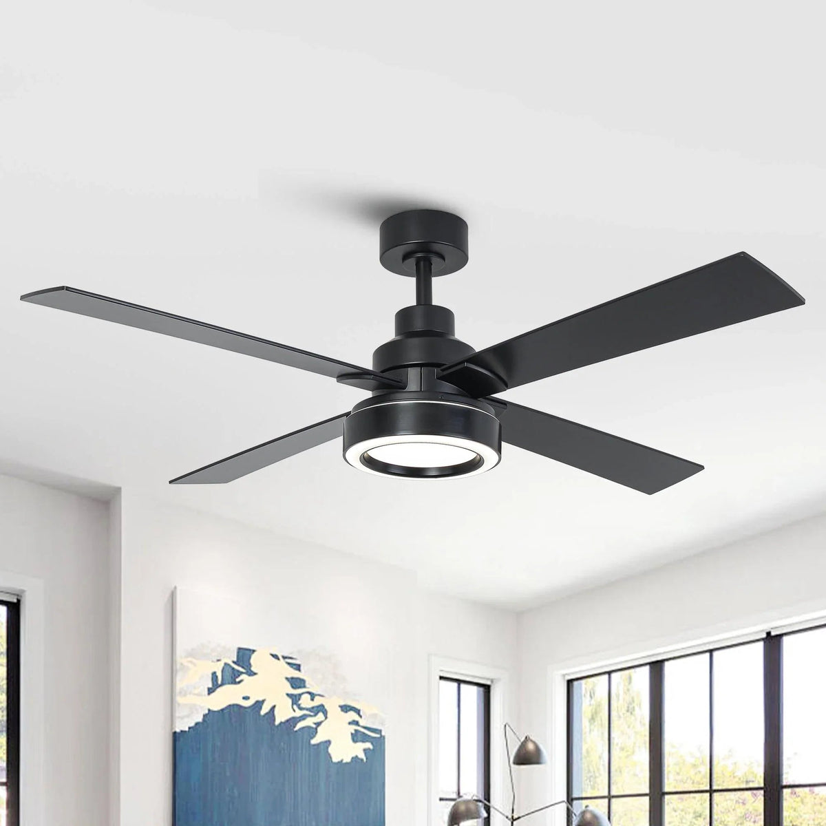 Black ceiling fan with LED light and four dark wood blades, mounted on ceiling
