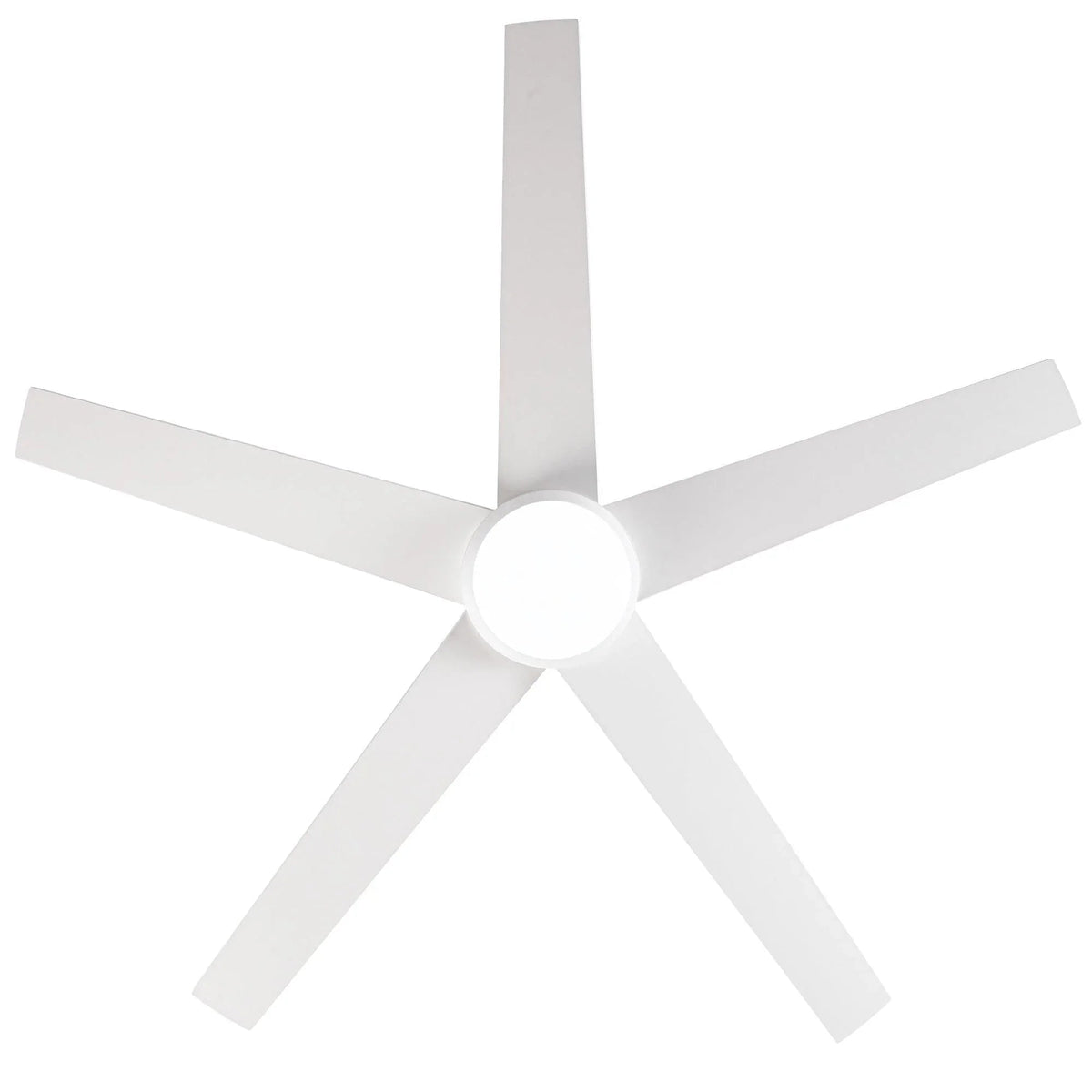 Top view of white ceiling fan with five blades and circular LED light