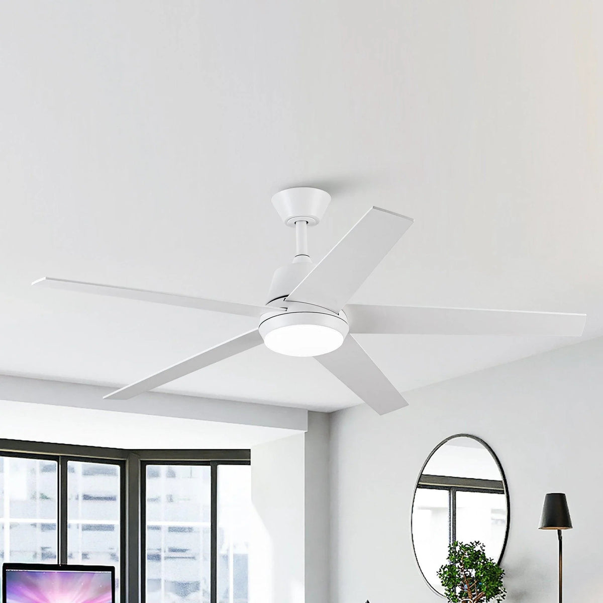 White ceiling fan with five blades and round LED light on the motor housing