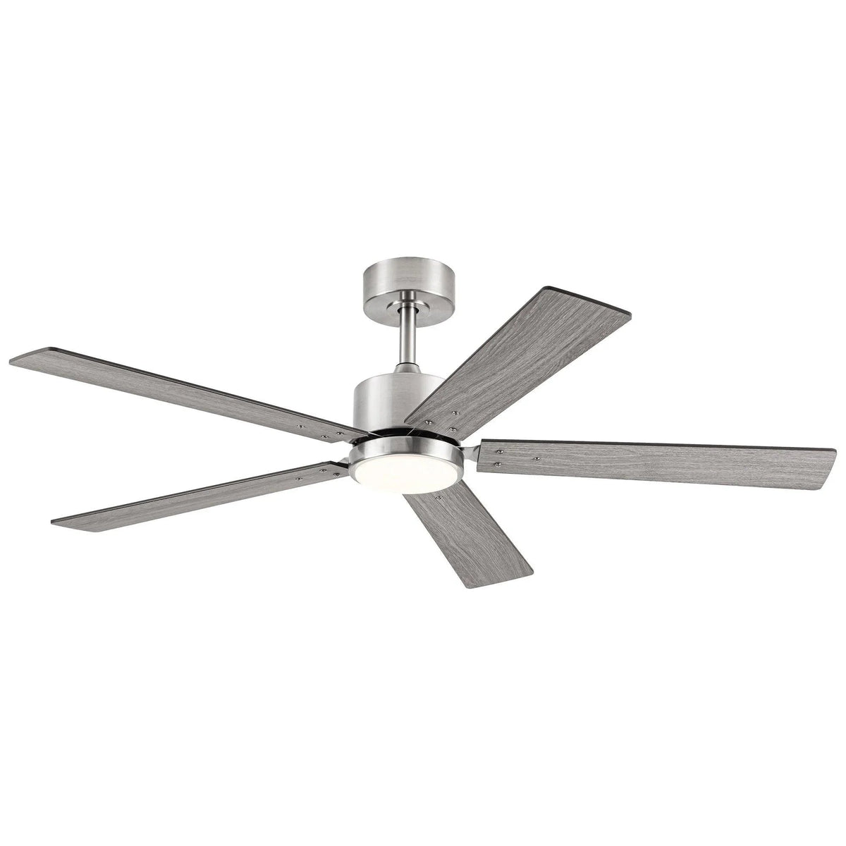 Brush nickel ceiling fan with LED light and five gray blades