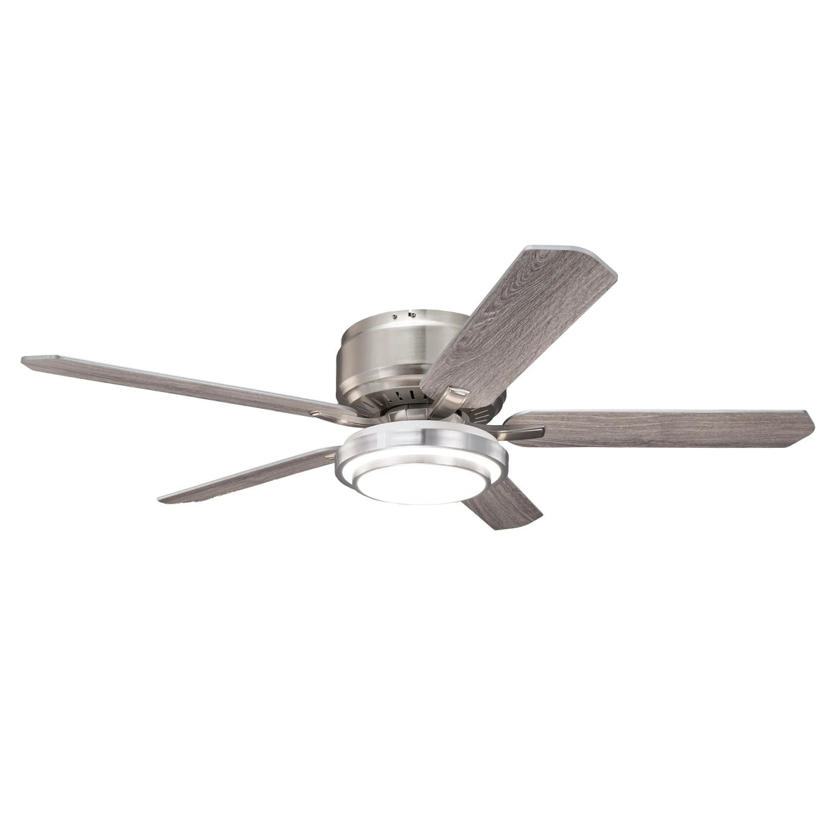 Flush mount LED ceiling fan with 5 satin nickel blades and round light housing