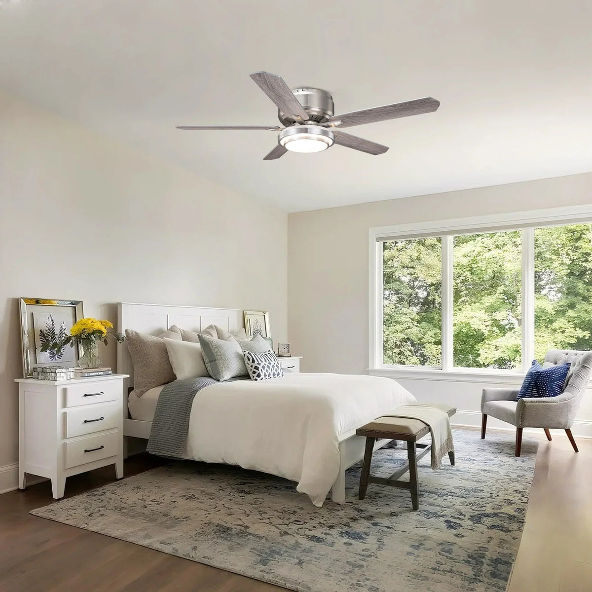 Satin nickel flush mount LED ceiling fan with five gray blades and integrated light