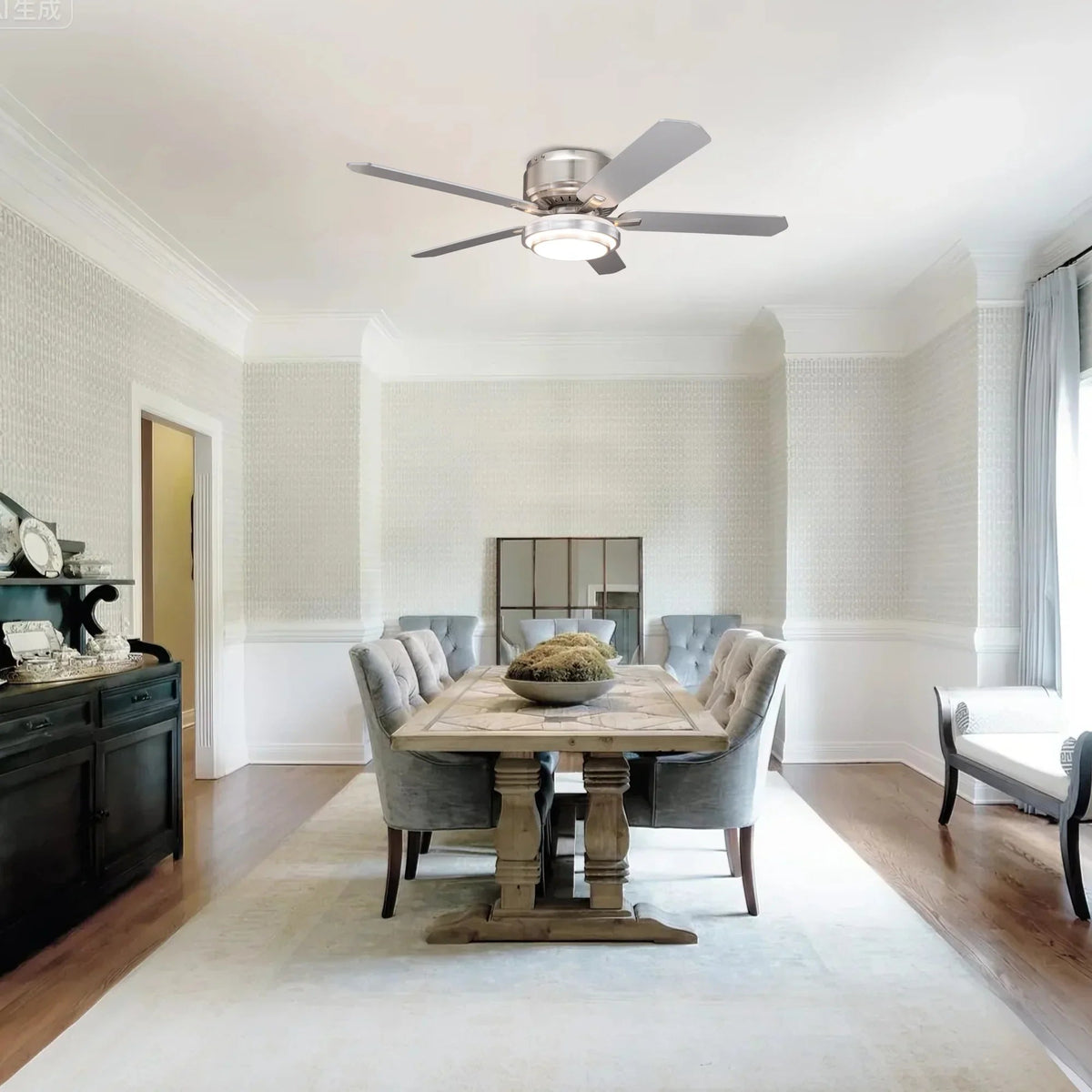 Satin nickel flush mount LED ceiling fan with five blades and round integrated light