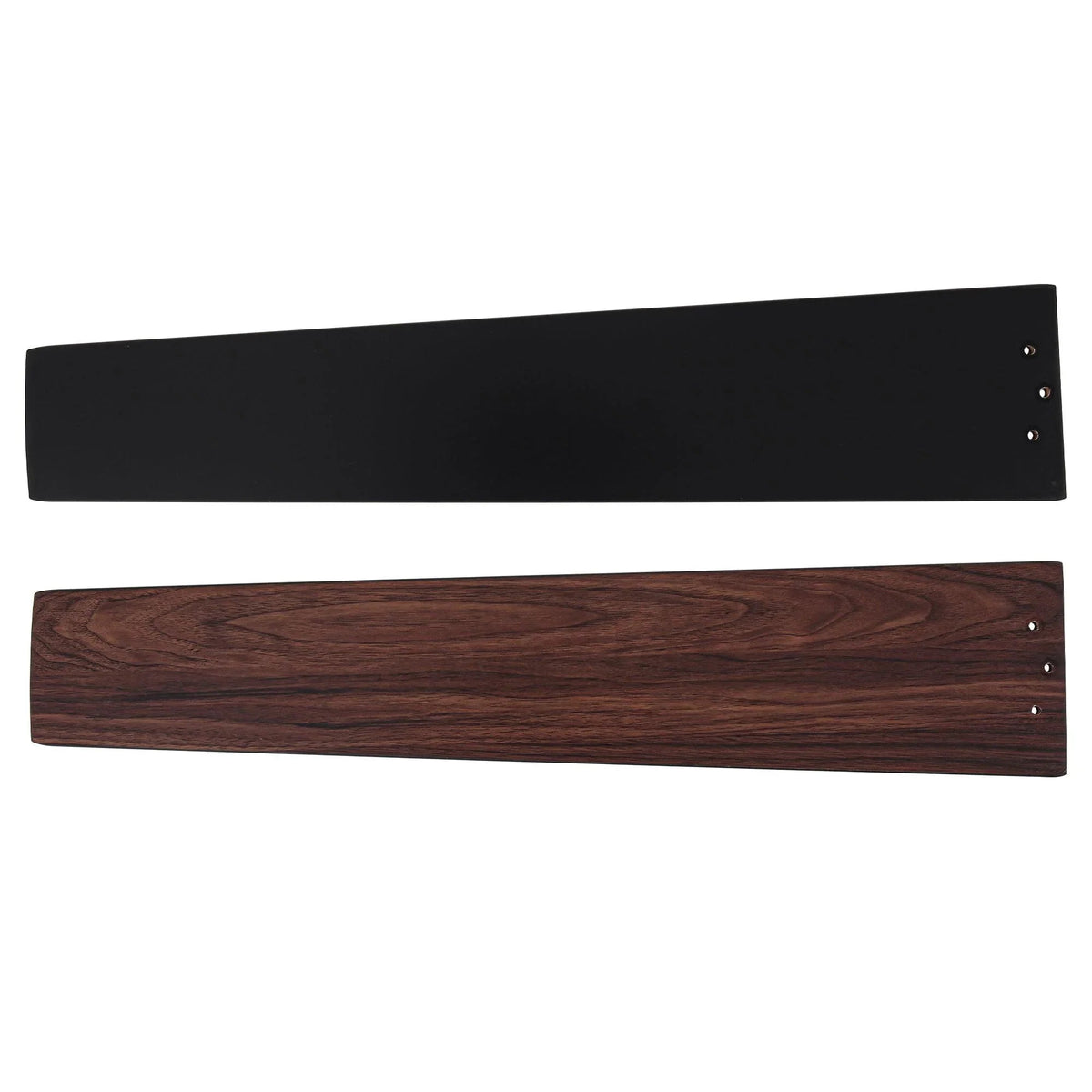 Ceiling fan blades set: one black blade and one dark walnut wood-look blade