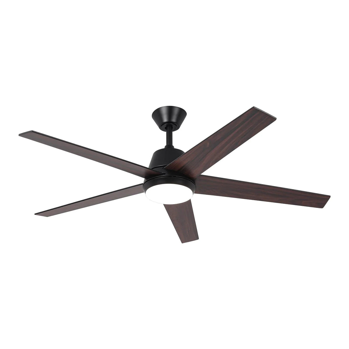 Ceiling fan with LED light, dark motor and five dark woodgrain blades