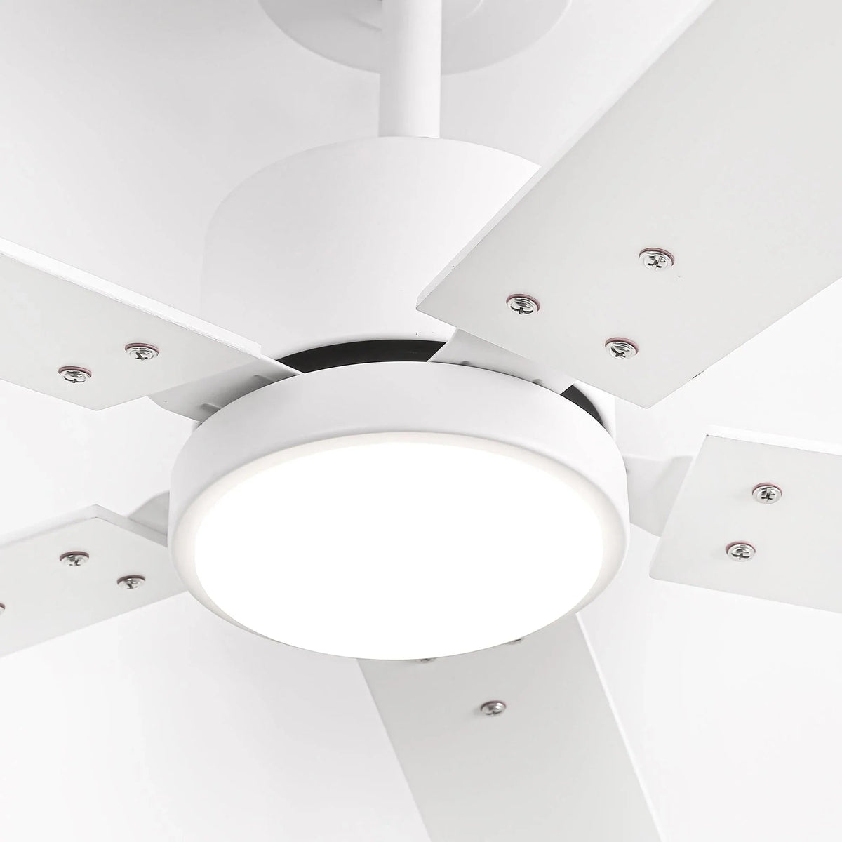 White ceiling fan with flush-mount circular LED light and 5 rotating blades