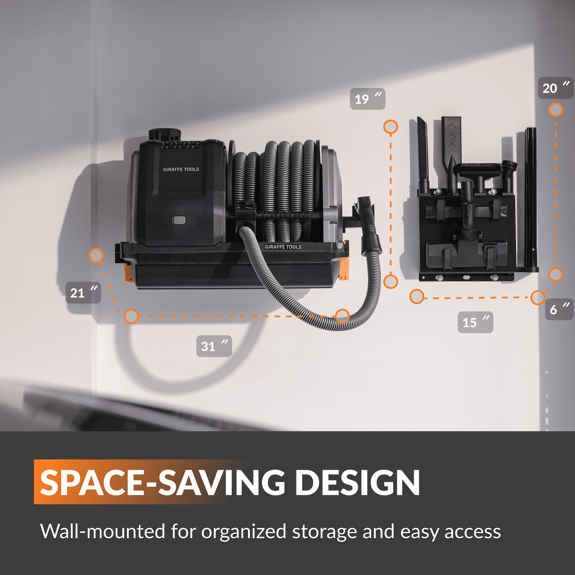 Wall-mounted vacuum dock with coiled hose and mounted tool stations with measurements