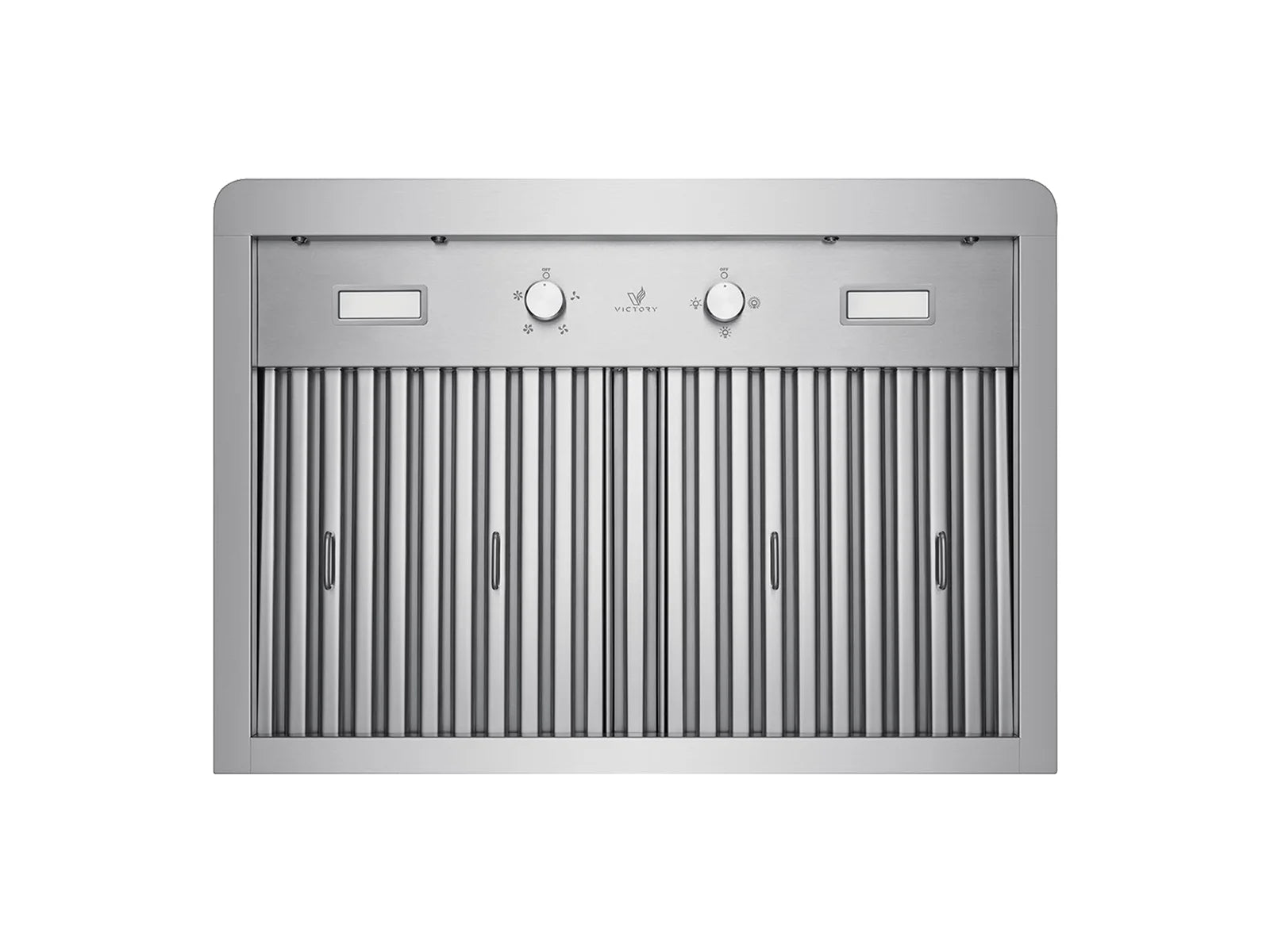 Stainless steel under-cabinet range hood with control dials and vent slats