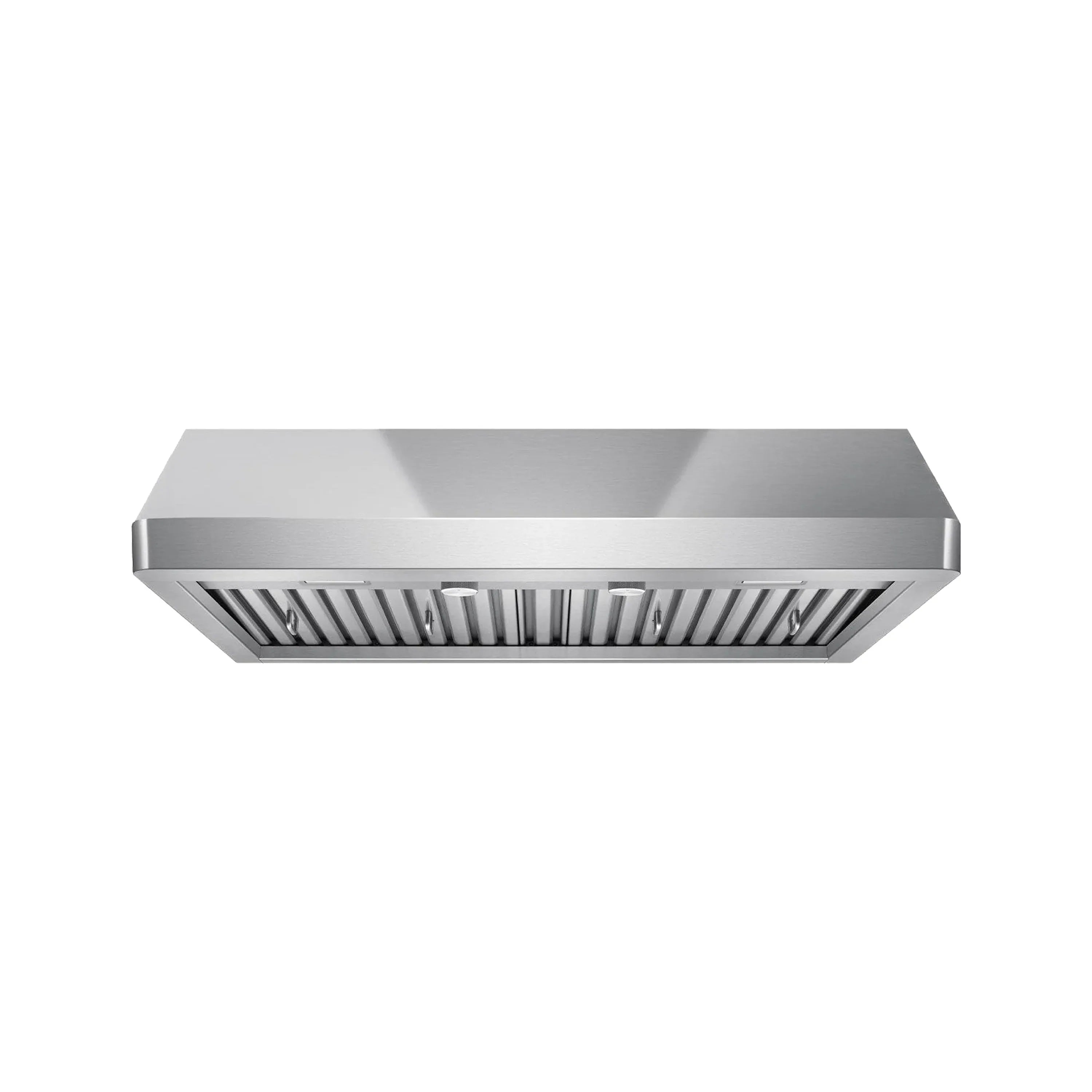Stainless steel under-cabinet range hood underside with vented baffle filter panels