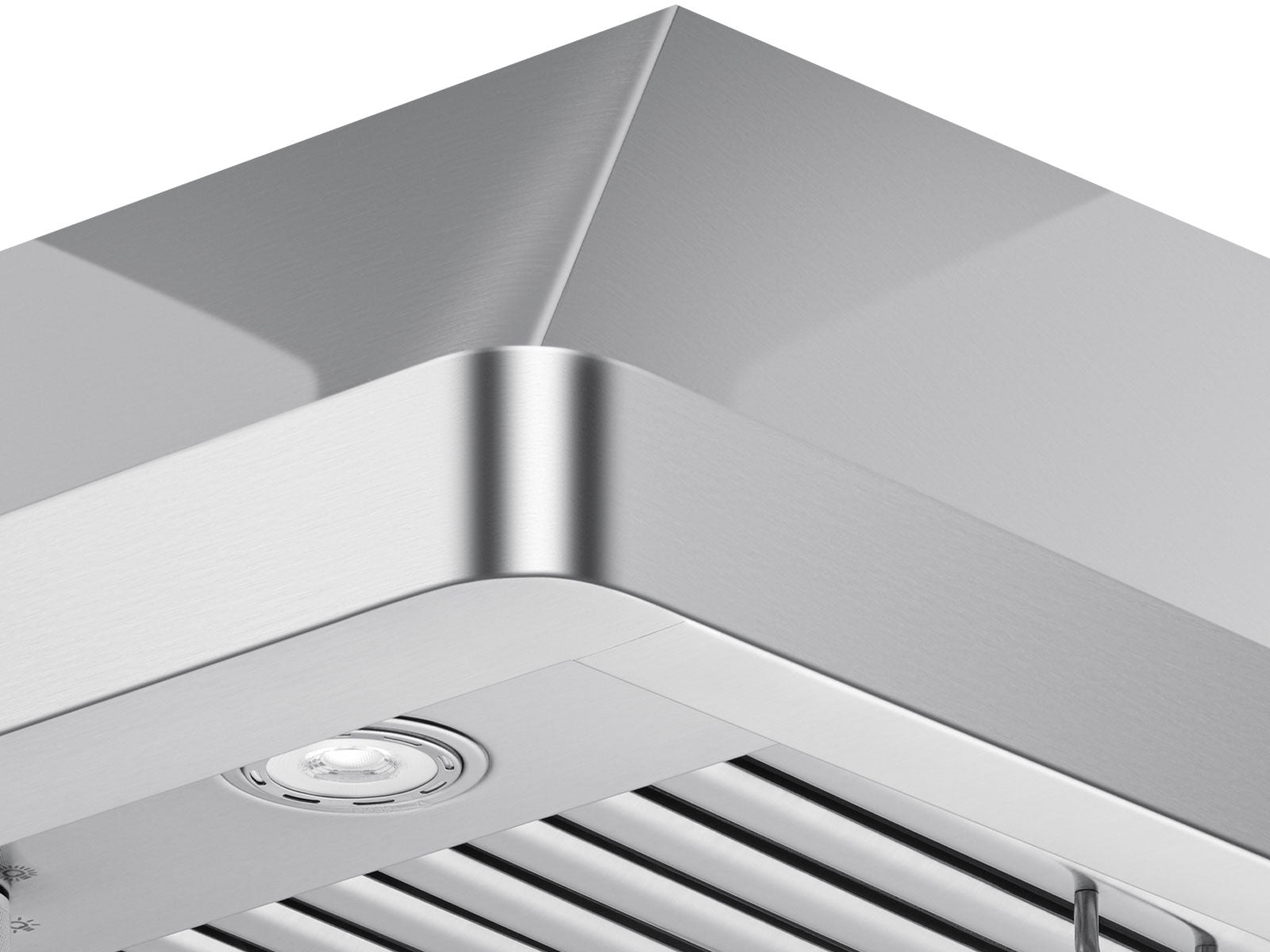Stainless steel range hood corner with baffle filter slots and LED light