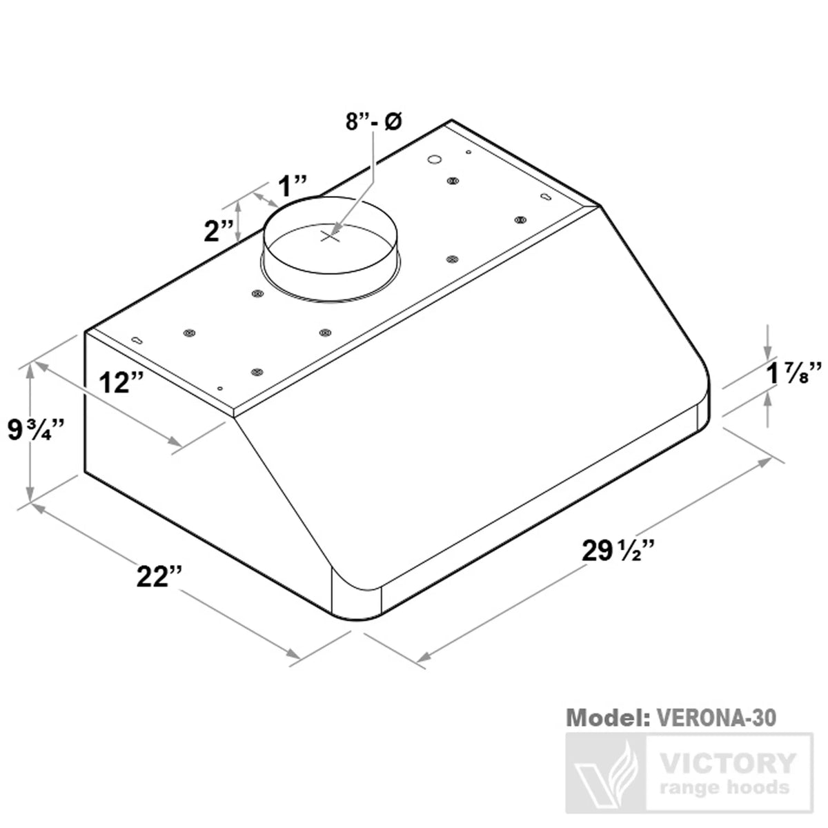 Range hood size diagram with circular duct opening and mounting dimensions