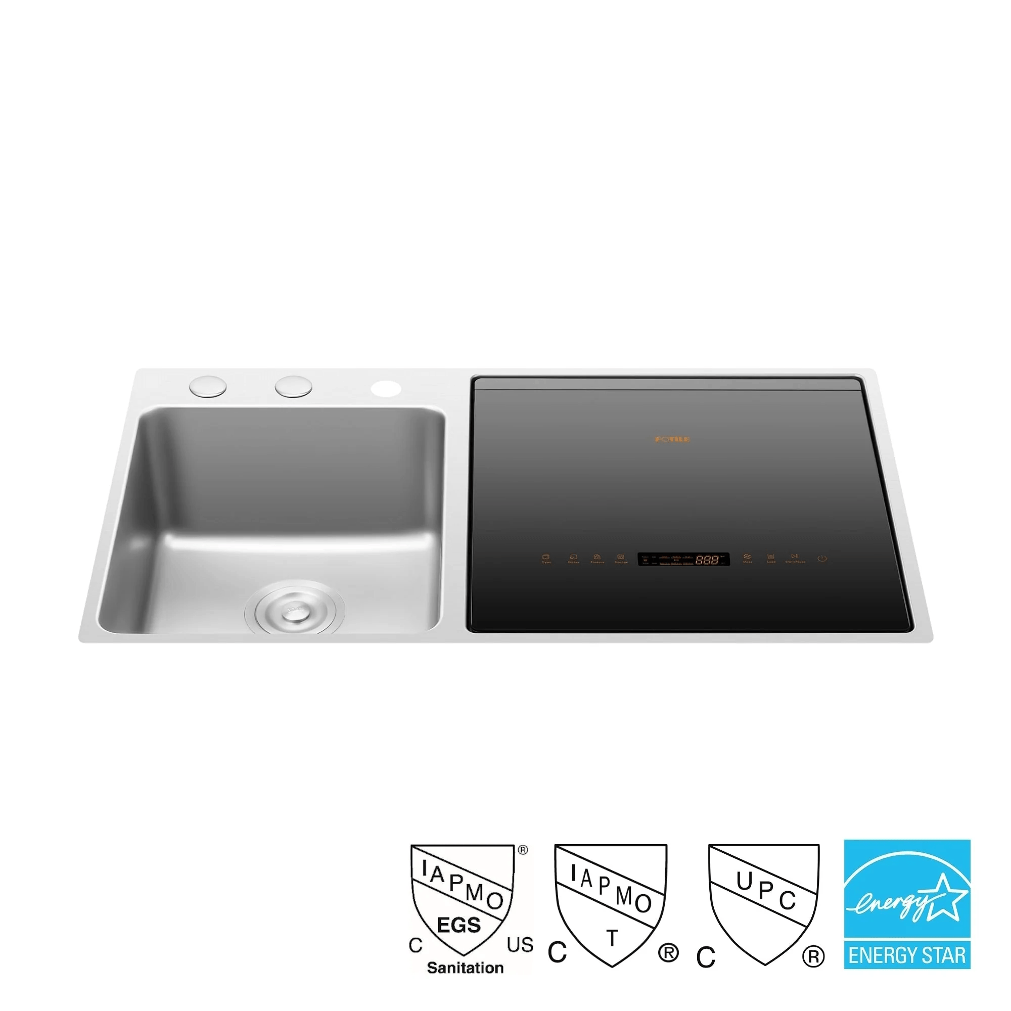 Fotile 3-in-1 in-sink dishwasher with left sink basin and dark control panel