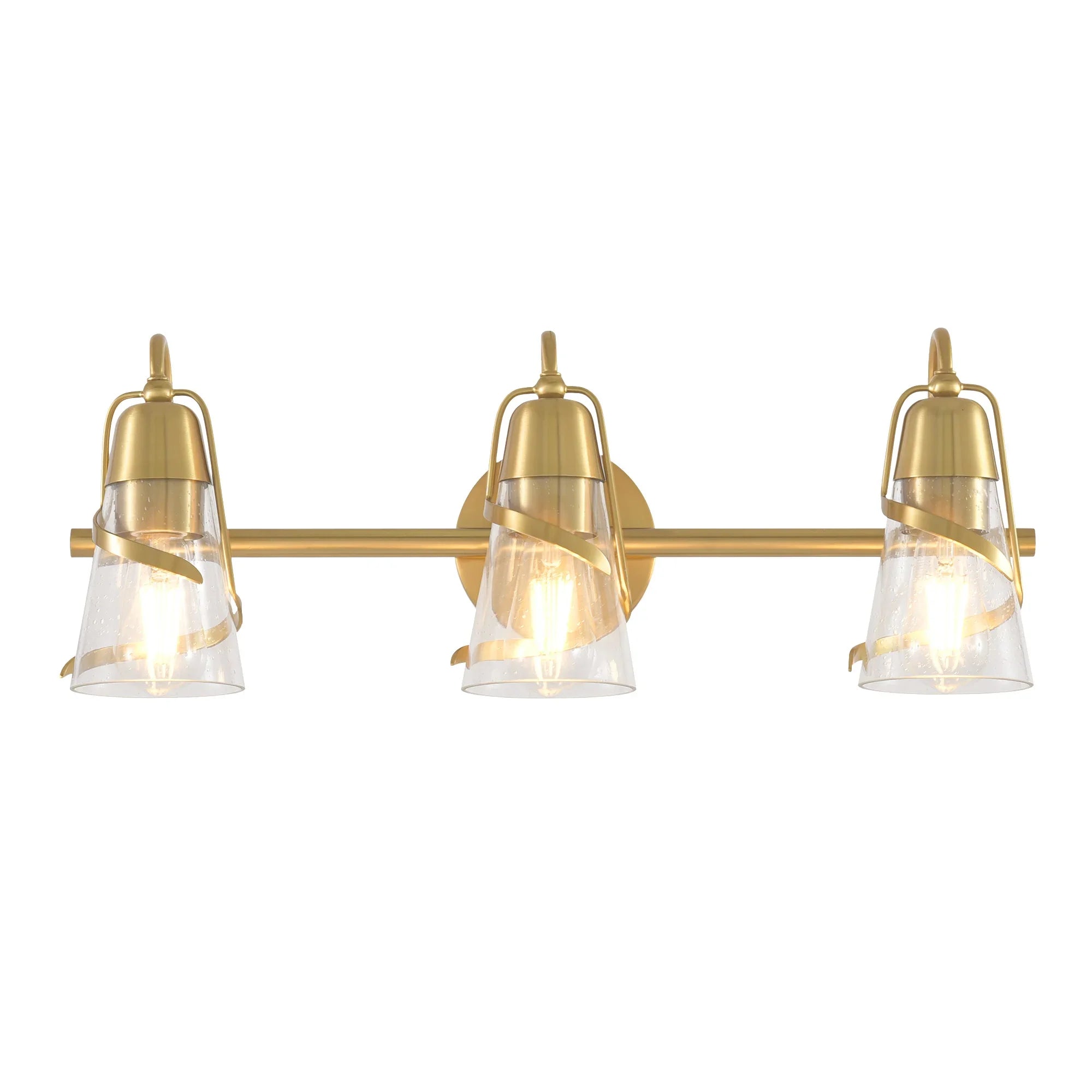 Golden 3-light vanity mirror bar with clear glass shades and capped metal housings