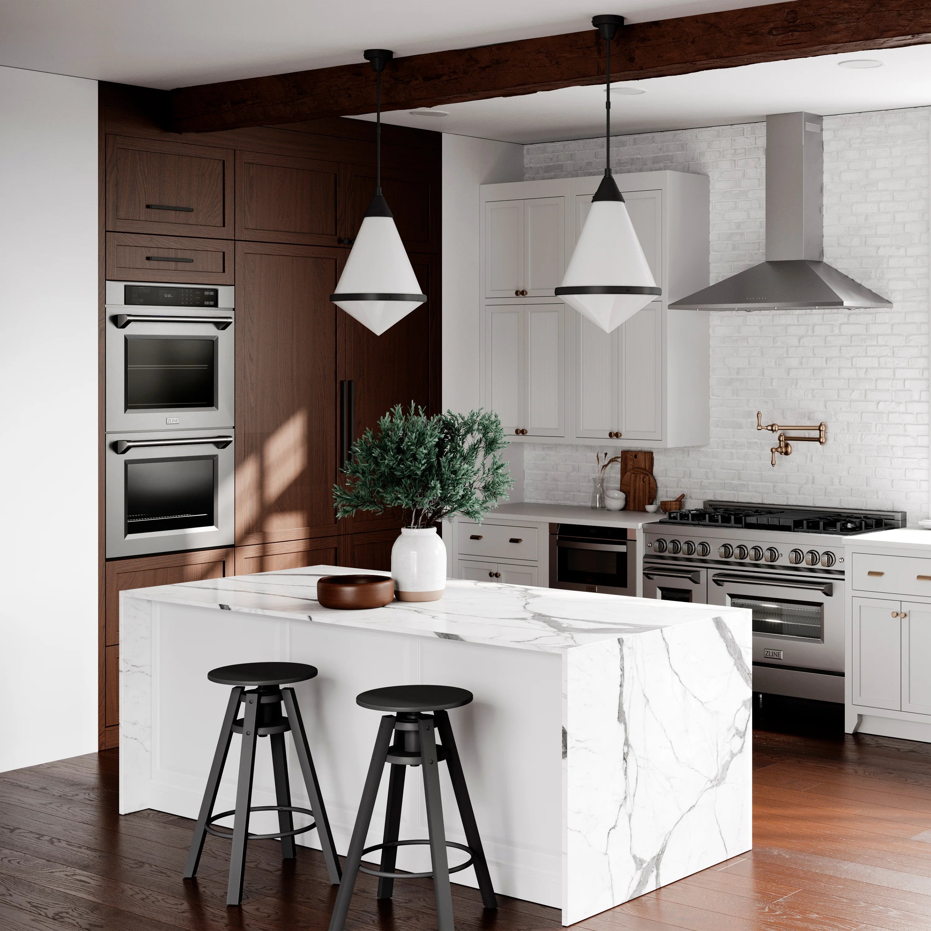 Kitchen appliance package with built-in double wall ovens and range hood
