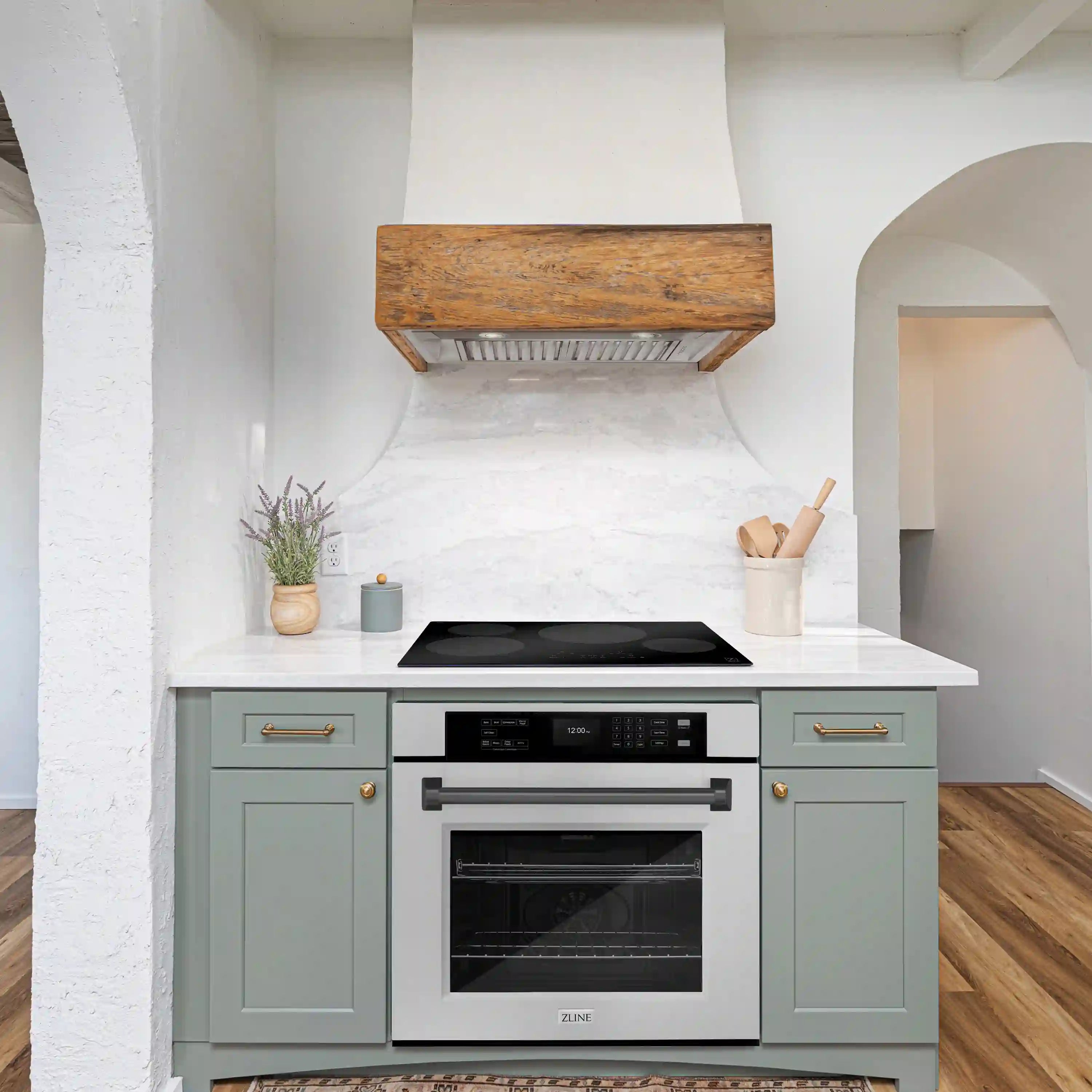 Built-in single wall oven with satin stainless door, matte black handle, and trim