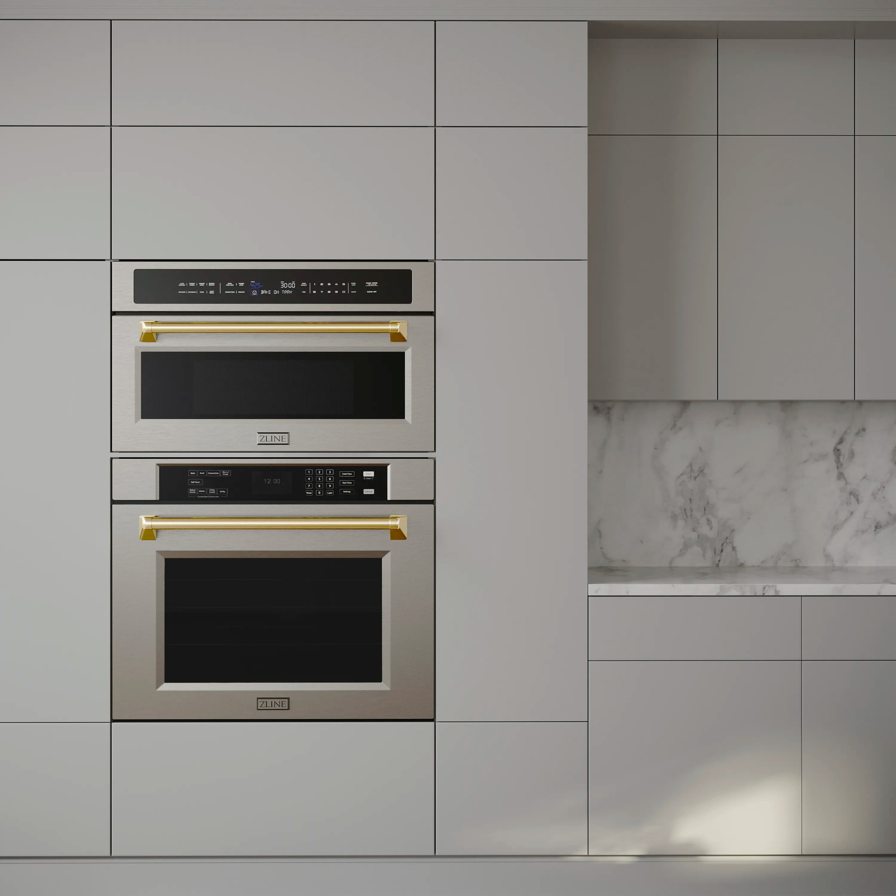 Built-in stainless oven unit with gold handle and black glass door window