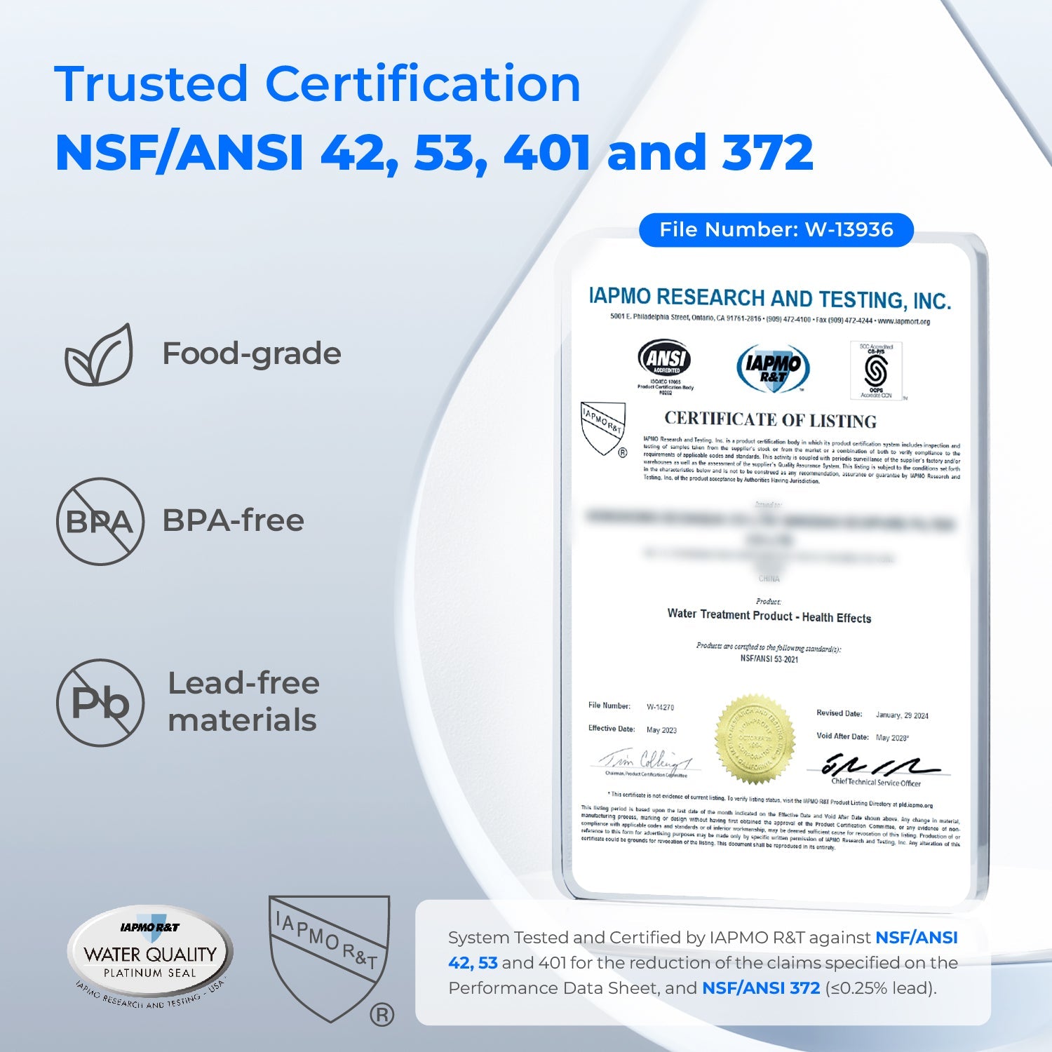 Certification document card for electric water filter dispenser, shown for listing and testing