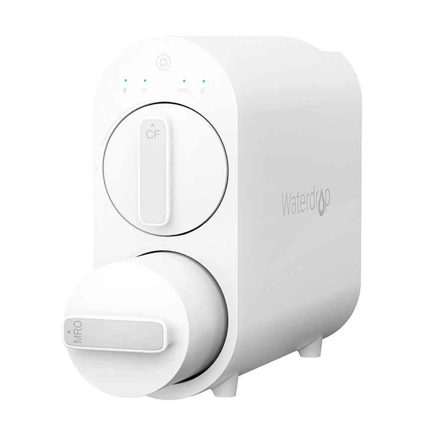 Reverse osmosis filter cartridge, angled view, Waterdrop and MRO marking
