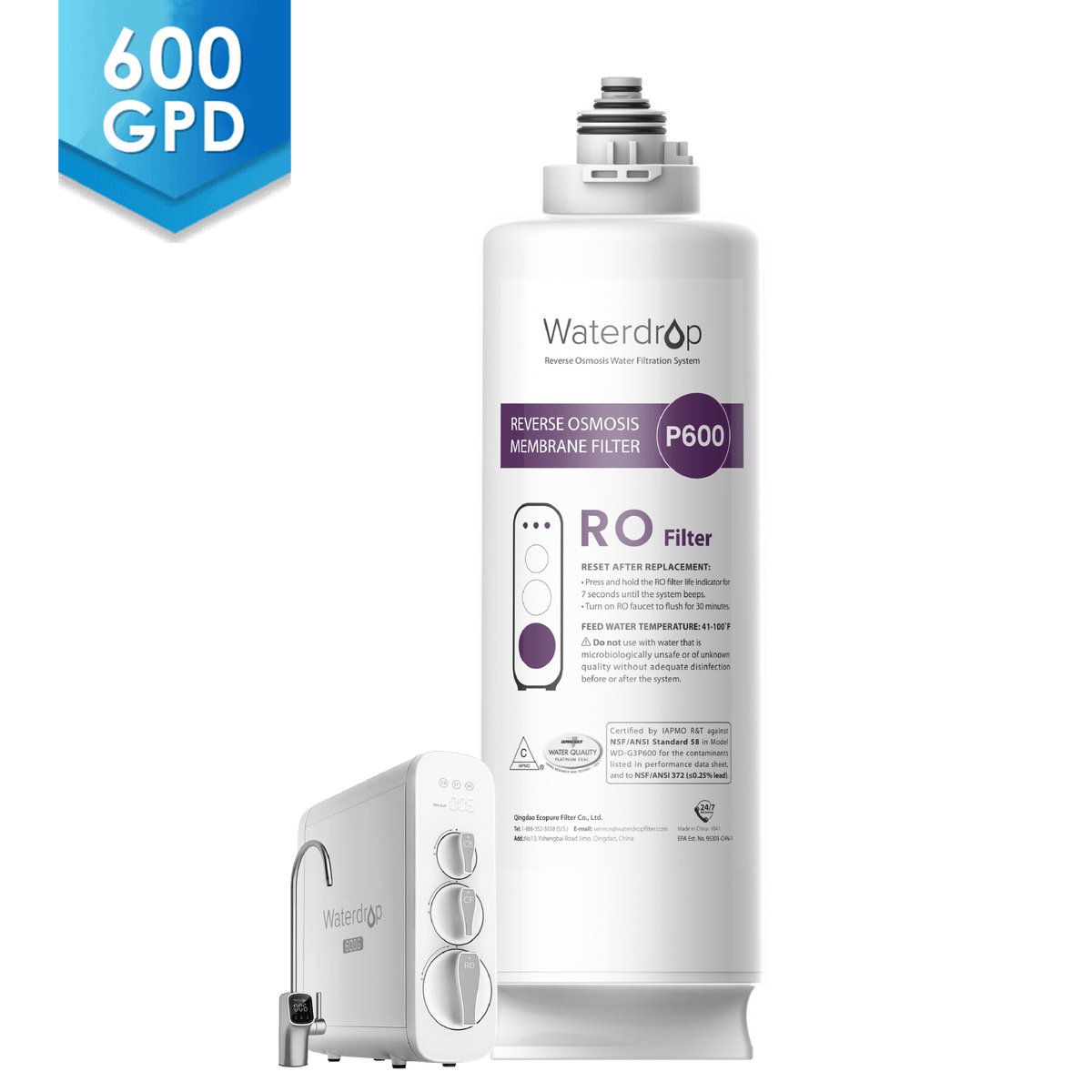RO membrane filter replacement bottle with 600 GPD badge and small accessory