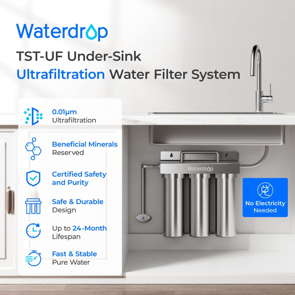 Stainless under-sink water filter system with four canister cartridges and connection hoses