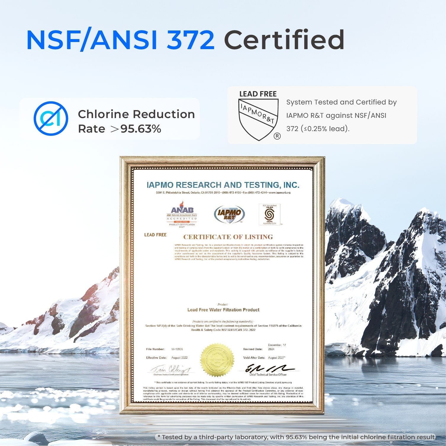 NSF/ANSI 372 certified certificate listing document in a gold frame