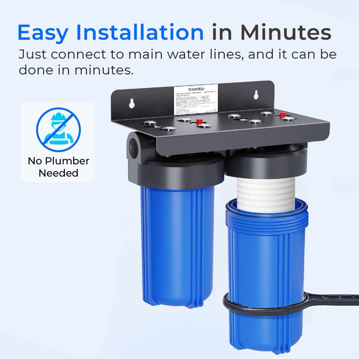 Two-stage whole-house water filter assembly with blue canisters and black valve head