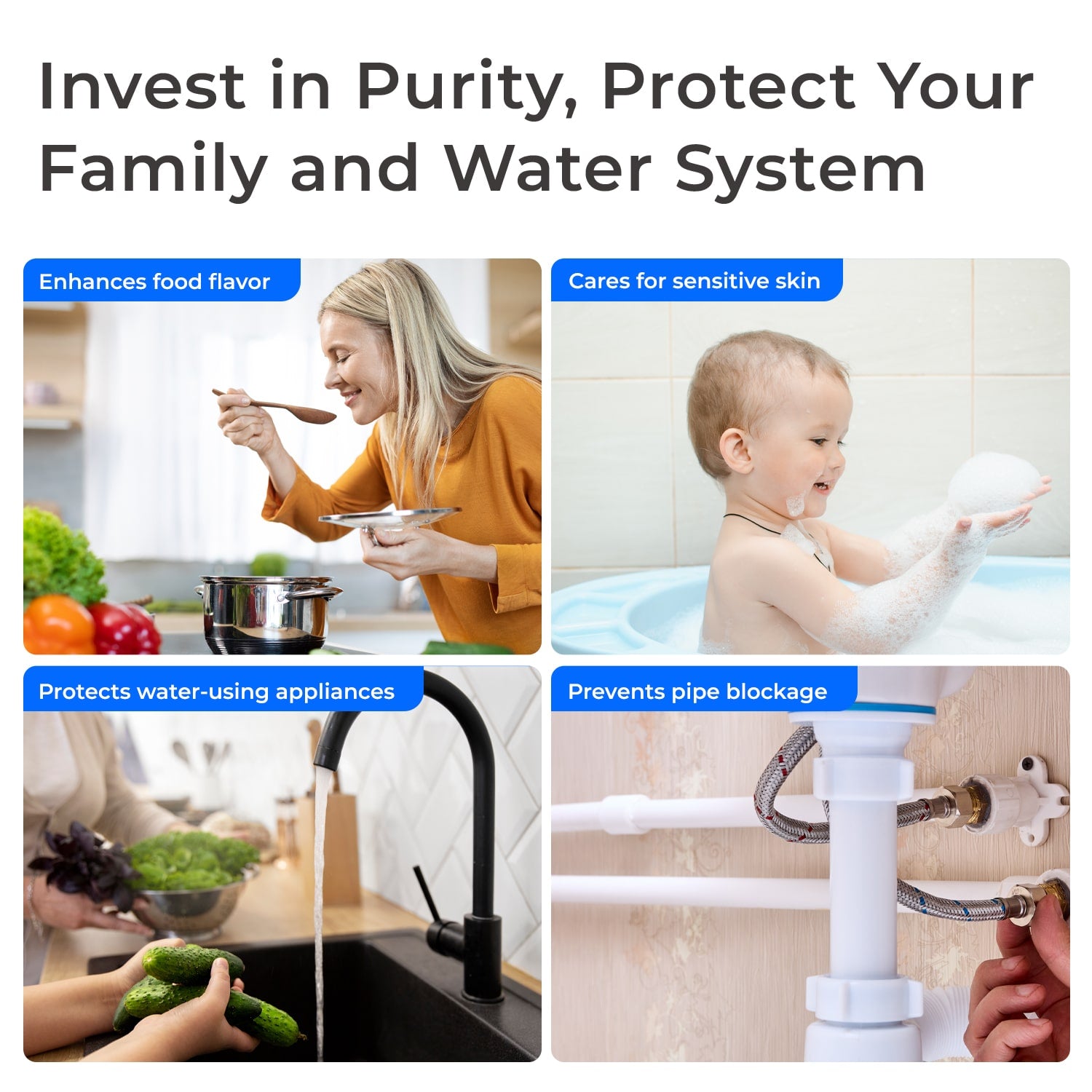 Water filtration protection collage showing family, appliances, and plumbing prevention scenes